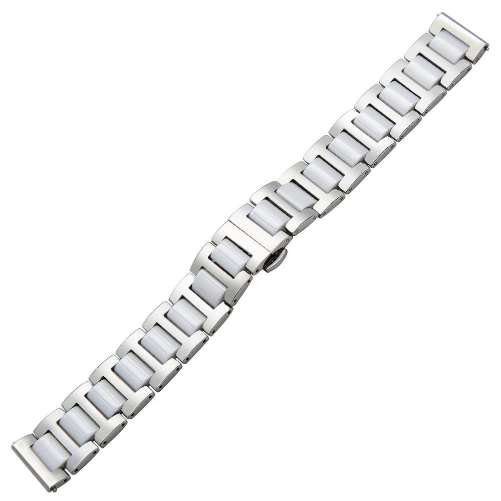 Silver and white ceramic watch bracelet with quick release mechanism and metal links