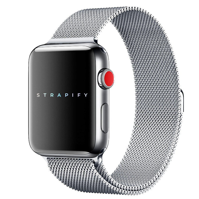 Silver stainless steel smartwatch with red digital crown and silver mesh band loop strap
