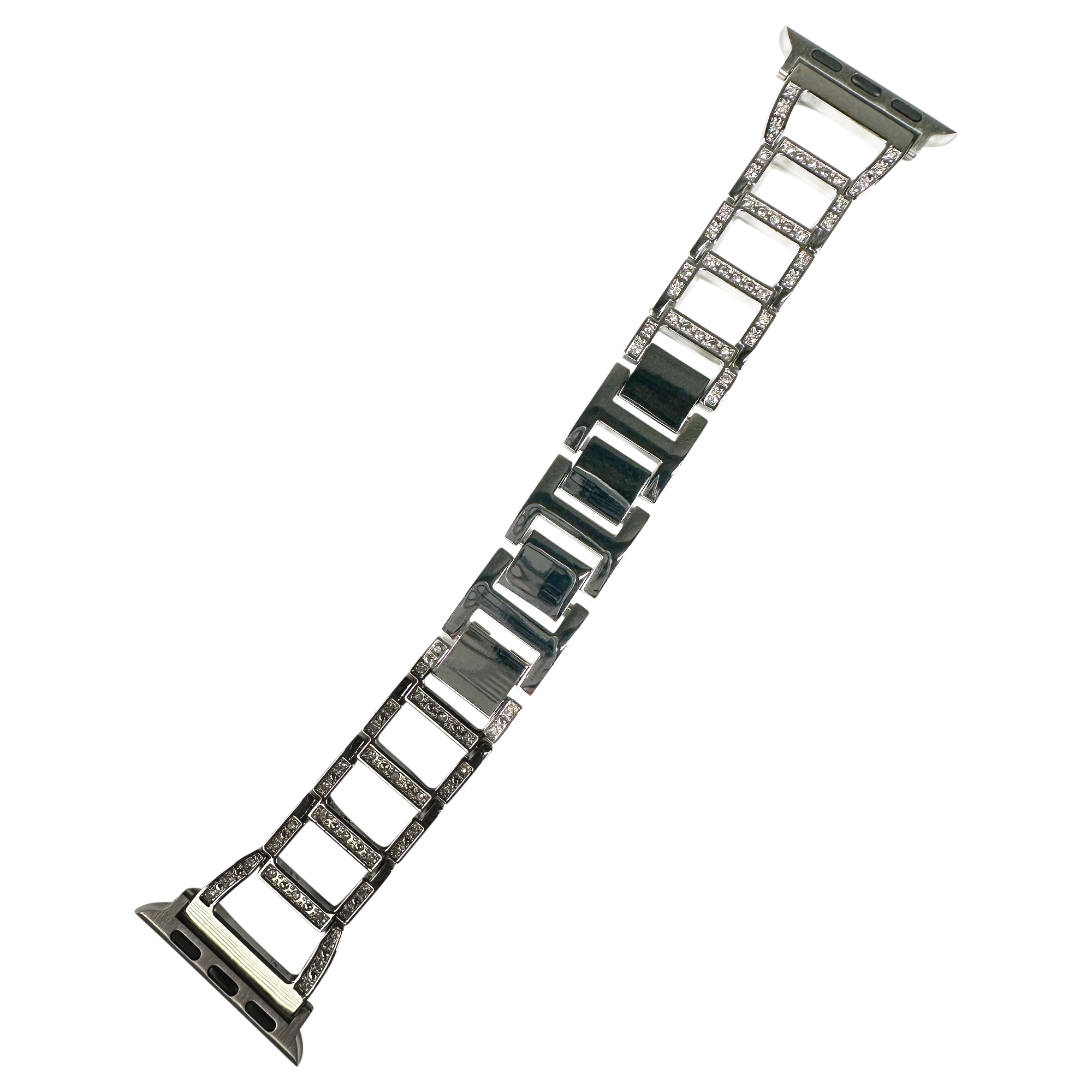 Stainless steel Apple Watch band with shimmer crystal inlay links and black ceramic center links, featuring connector lugs