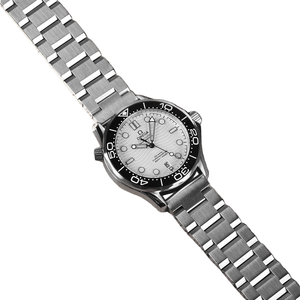Stainless steel link bracelet watch with black bezel, silver dial, and hex link band with safety deployant clasp