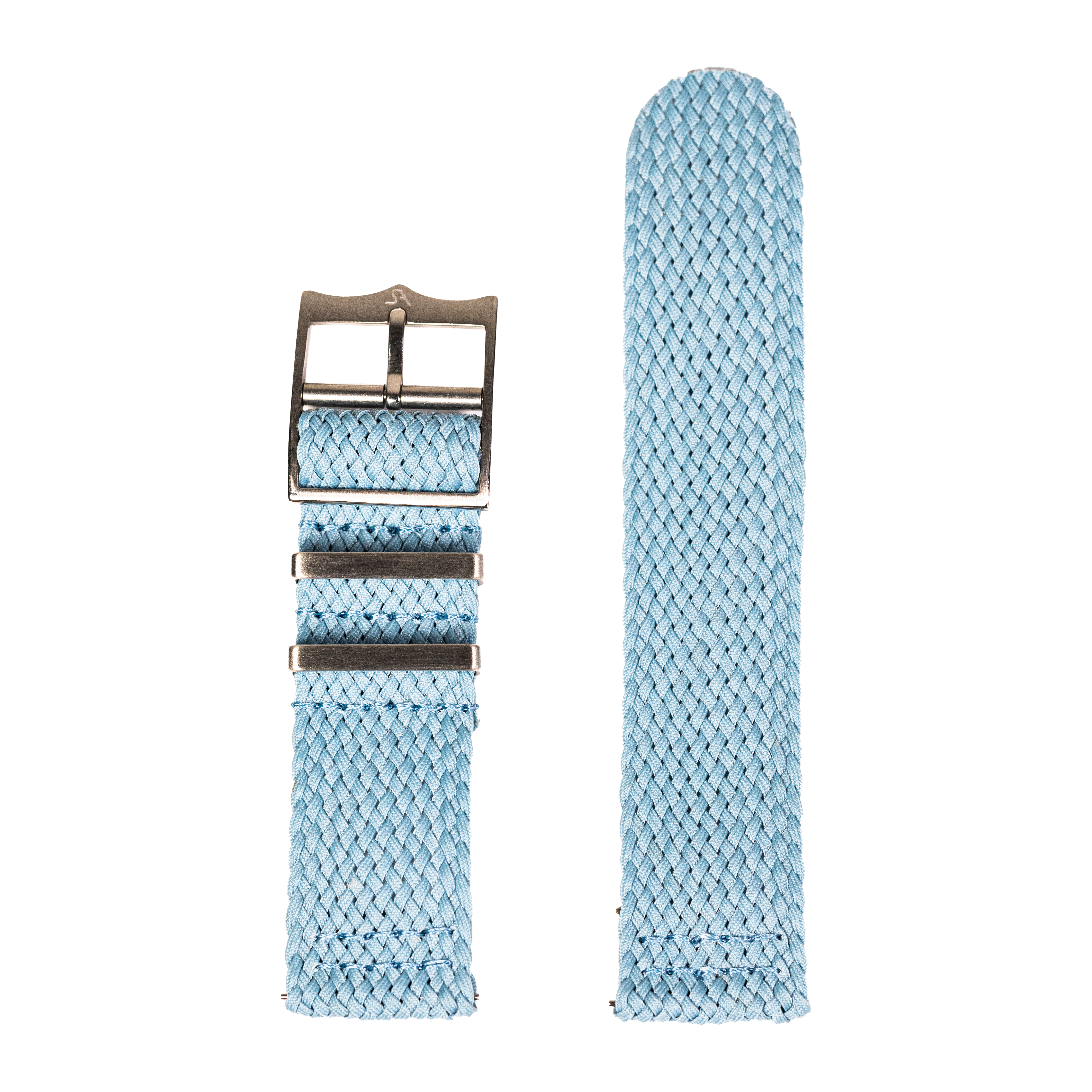 Light blue woven fabric watch band with gunmetal buckle, shown folded and unfolded for smartwatch sizing