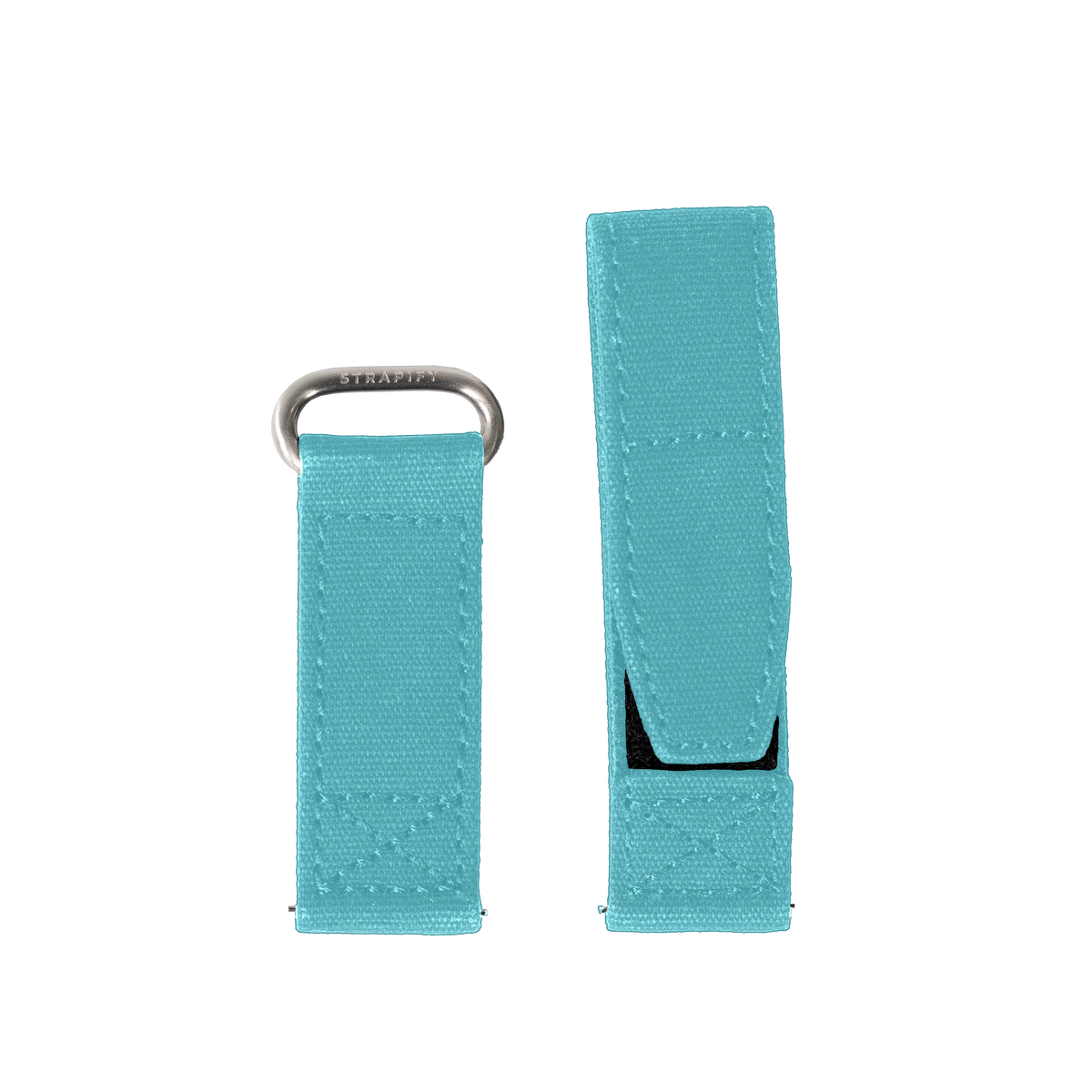 Turquoise fabric military watch strap with velcro closure and silver metal loop, shown folded and extended