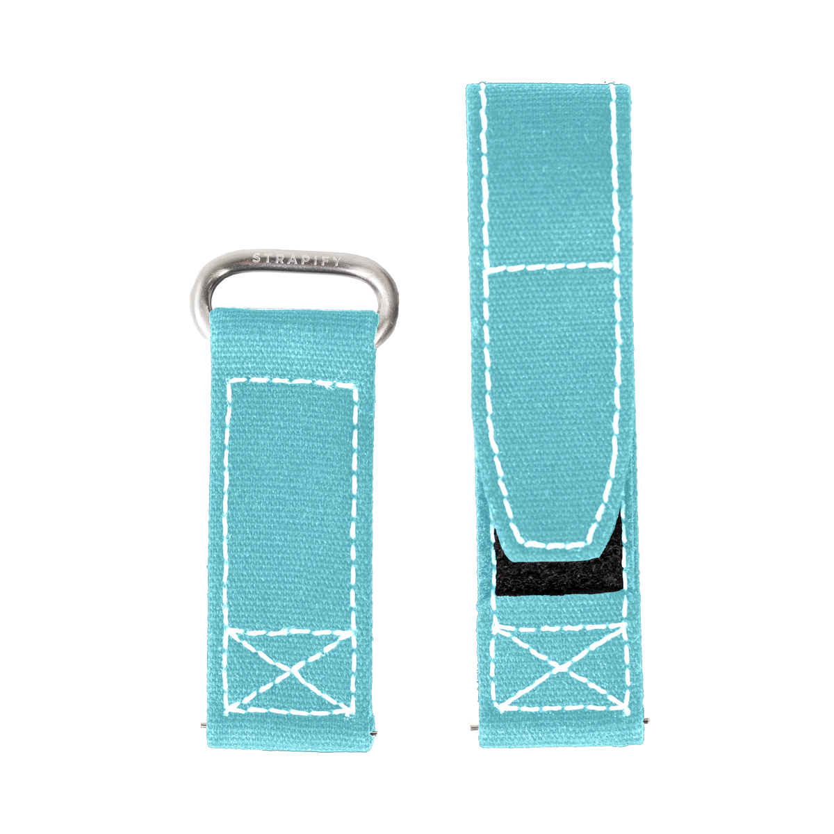 Sky blue military velcro watch band with white stitching and metal loop, shown front and back view