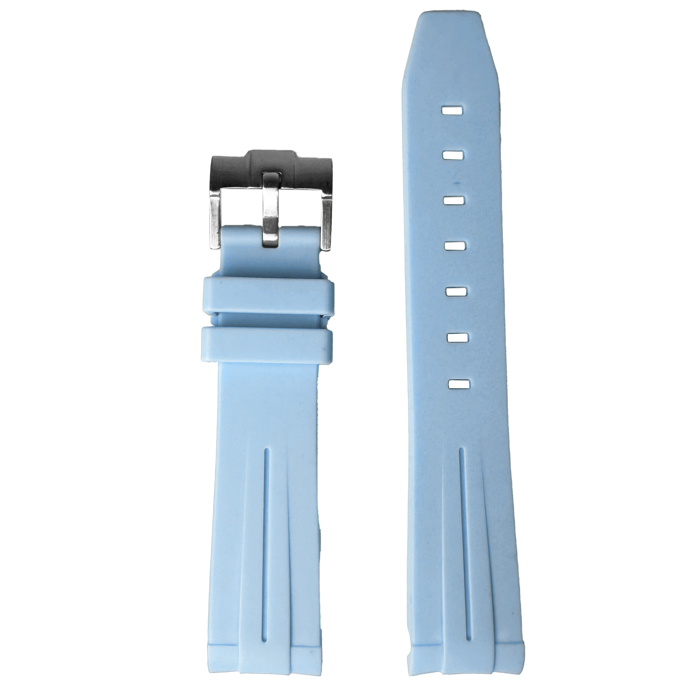 Light blue rubber watch band with curved lugs, stainless steel buckle, and adjustment holes, shown front and back views