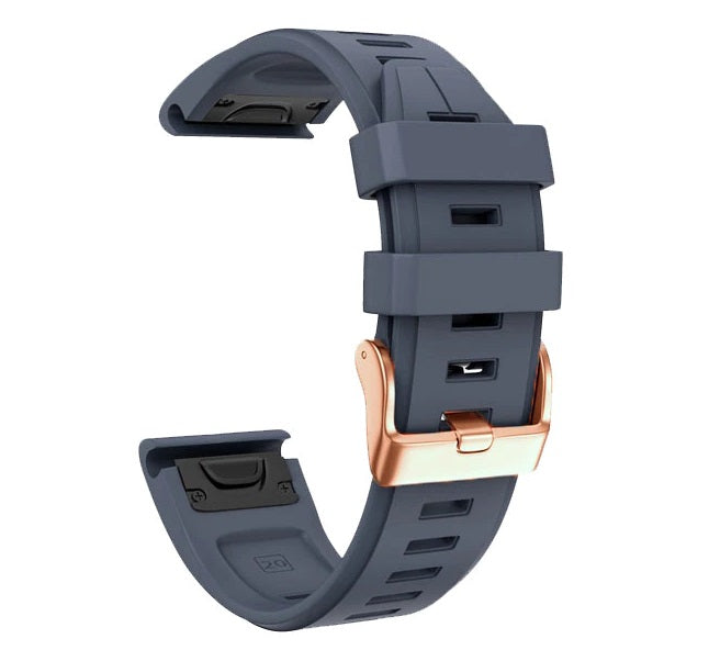 Navy silicone QuickFit 20mm watch band with rose gold buckle hardware and flexible sport strap design