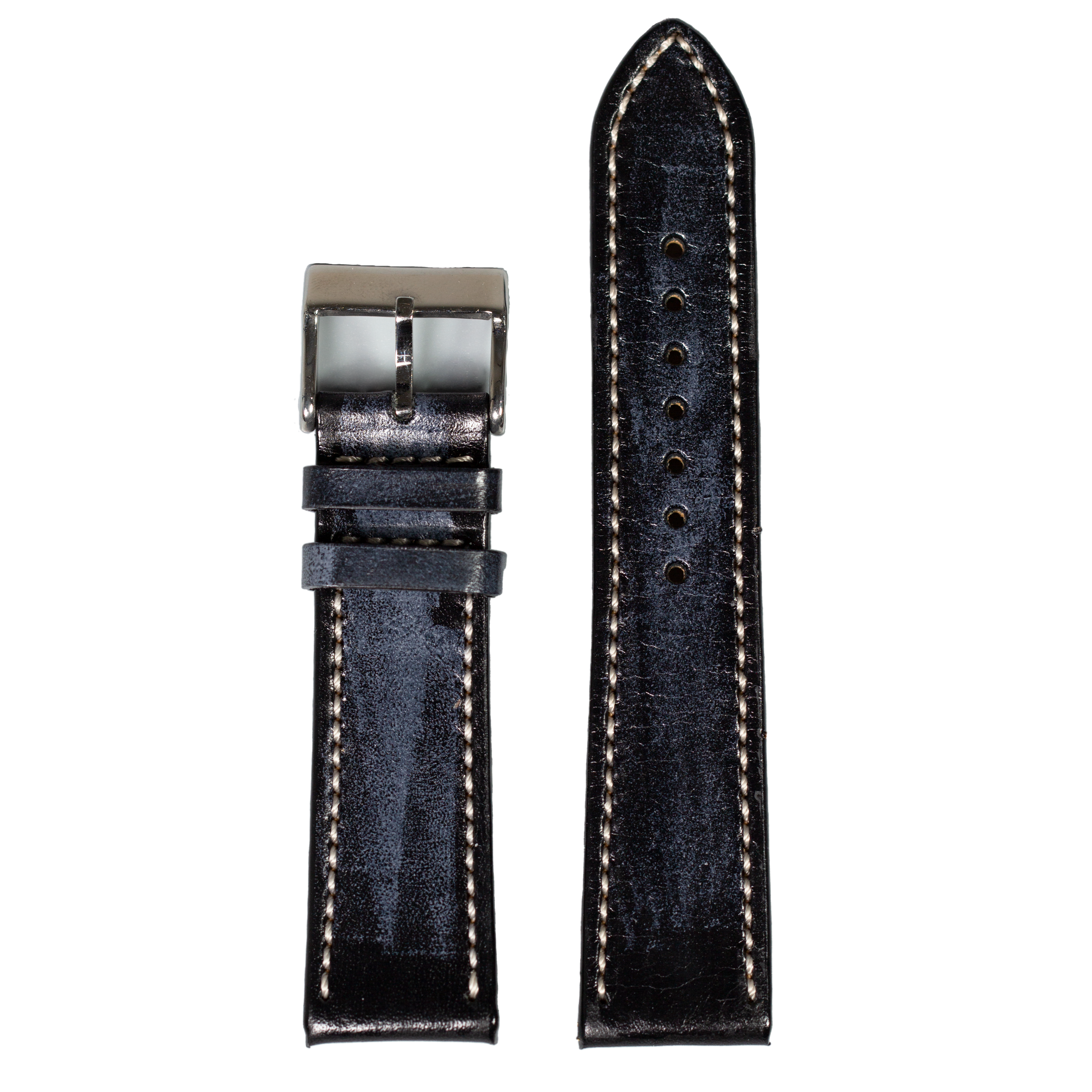 Black vintage leather watch strap 24mm with contrast white stitching and stainless steel quick release buckle