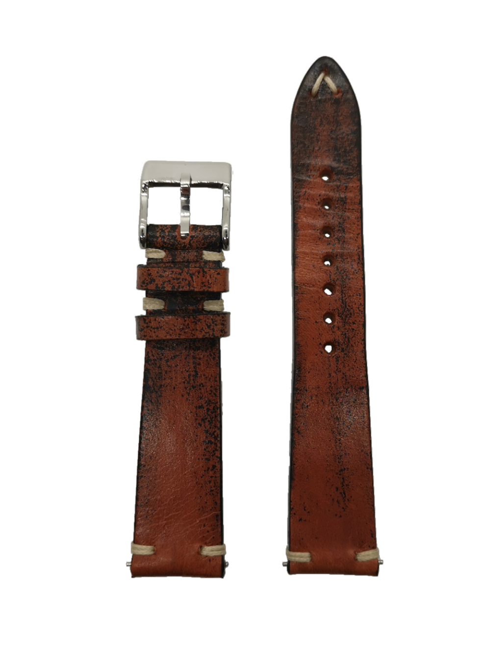 Vintage smoked brown leather watch band with quick release, 24mm width, silver buckle and metal hardware