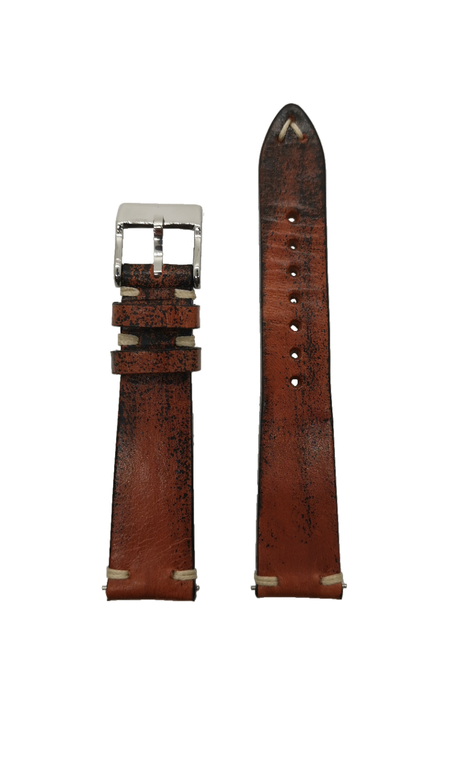 Vintage knotted leather watch strap 24mm smoked brown with quick release buckle and silver hardware