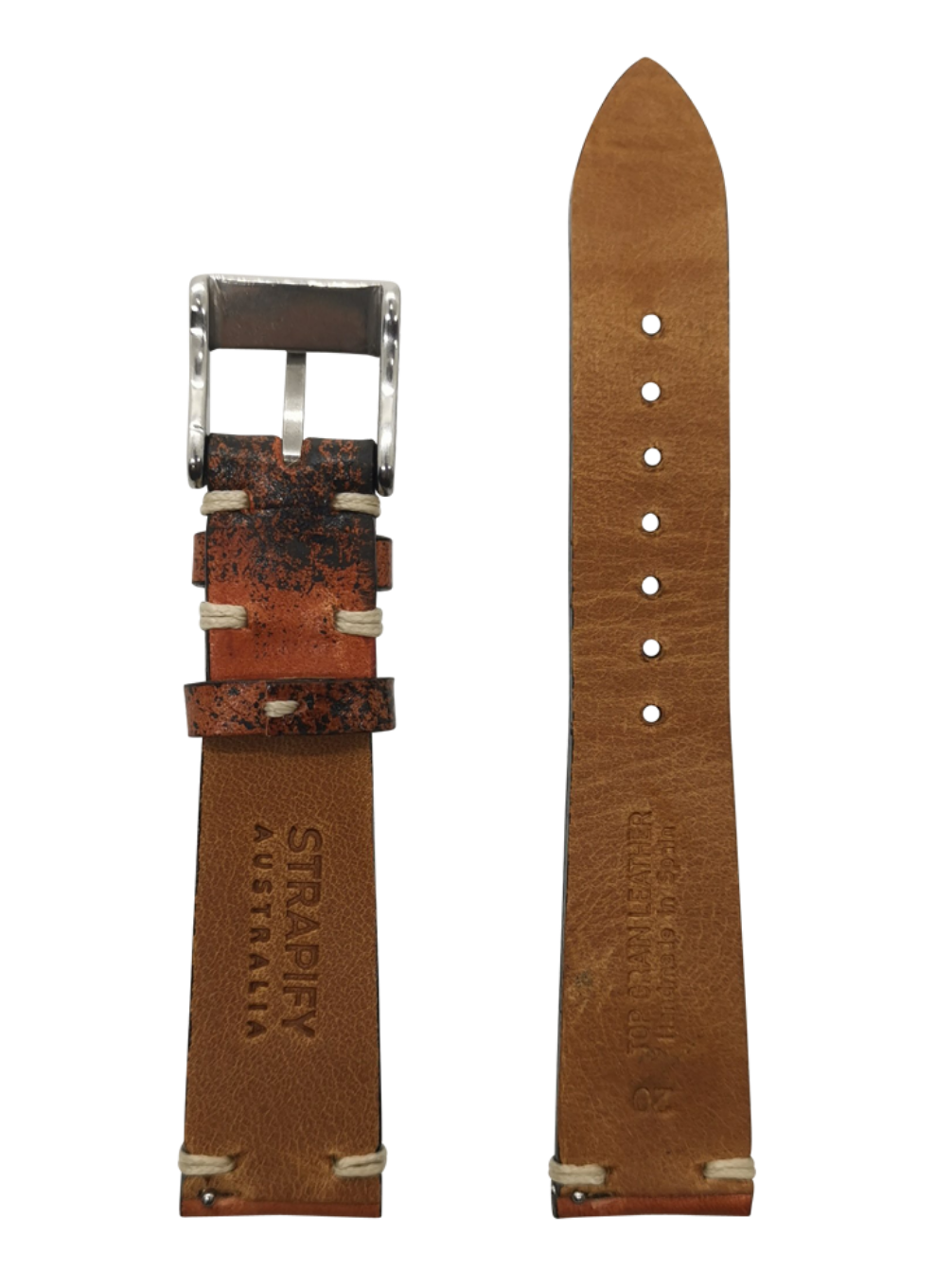 Vintage knotted leather watch strap 24mm smoked brown with quick release and silver buckle
