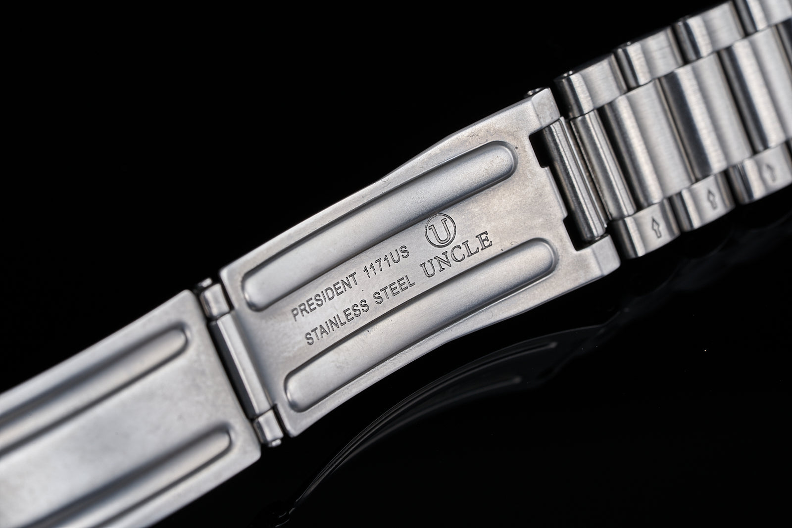 Stainless steel watch bracelet for Omega Speedmaster with President 1171US Uncle engraved on clasp, 19/20mm lug width