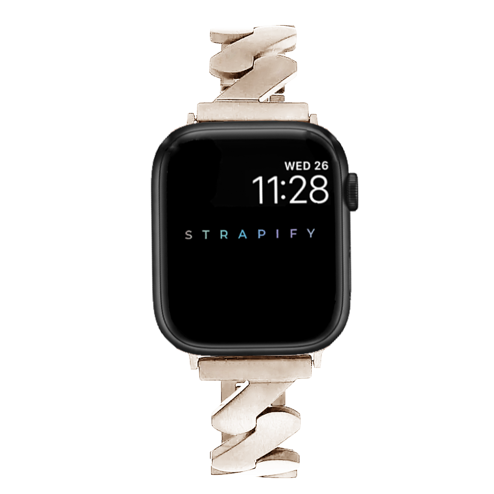 Black smartwatch with starlight jagged link bracelet, digital display showing time and date