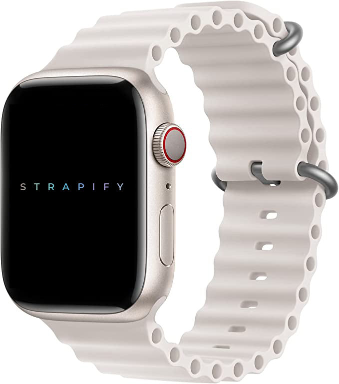 White silicone ocean loop band for smartwatch with gray metal connectors and adjustable fit