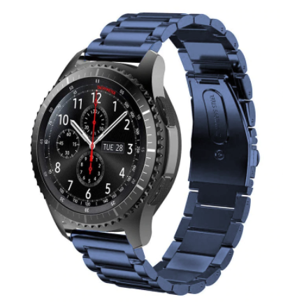 Blue and black stainless steel smartwatch band with metal links, compatible with Fitbit Versa and Sense models