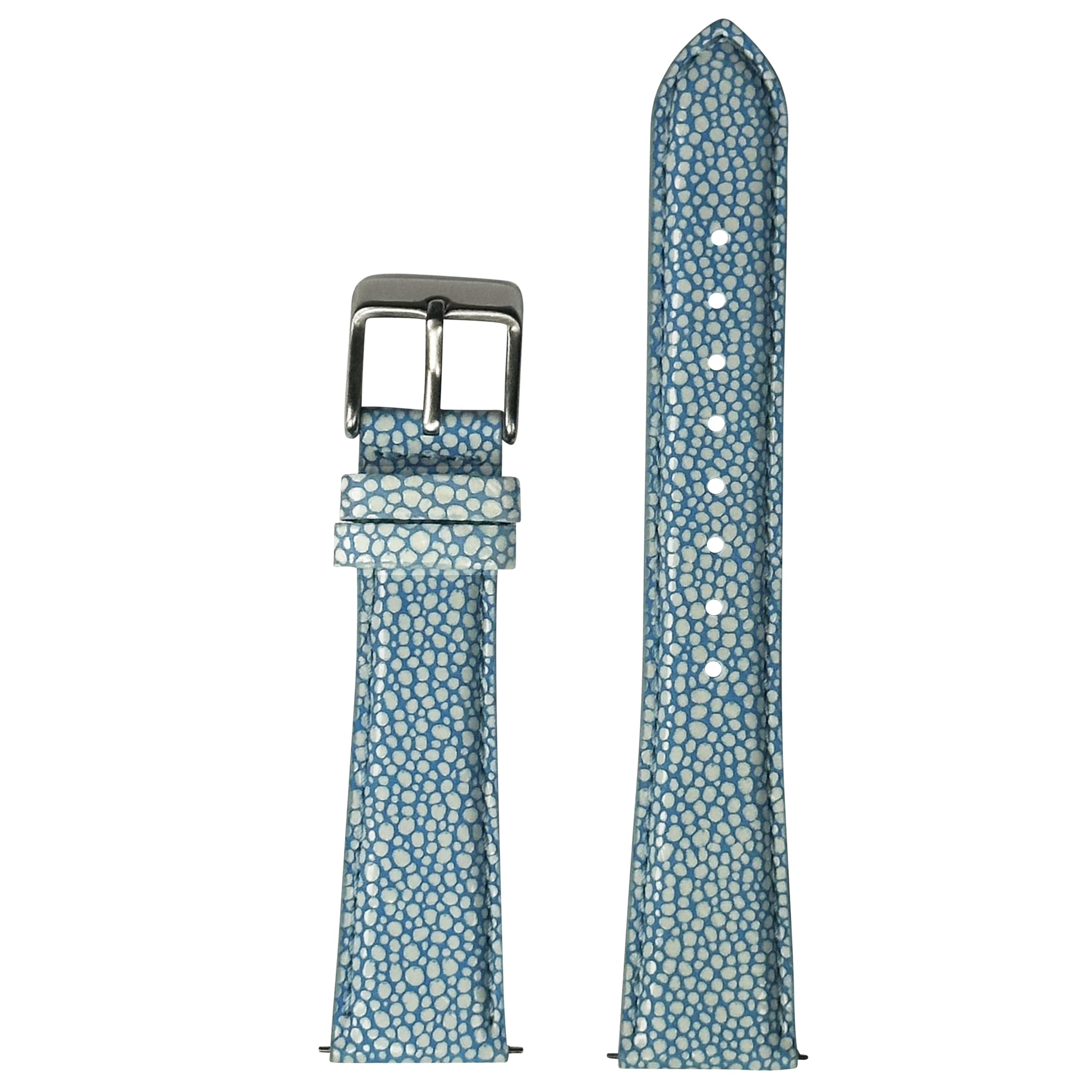 Blue faux stingray quick release watch strap with textured dot pattern and metal buckle