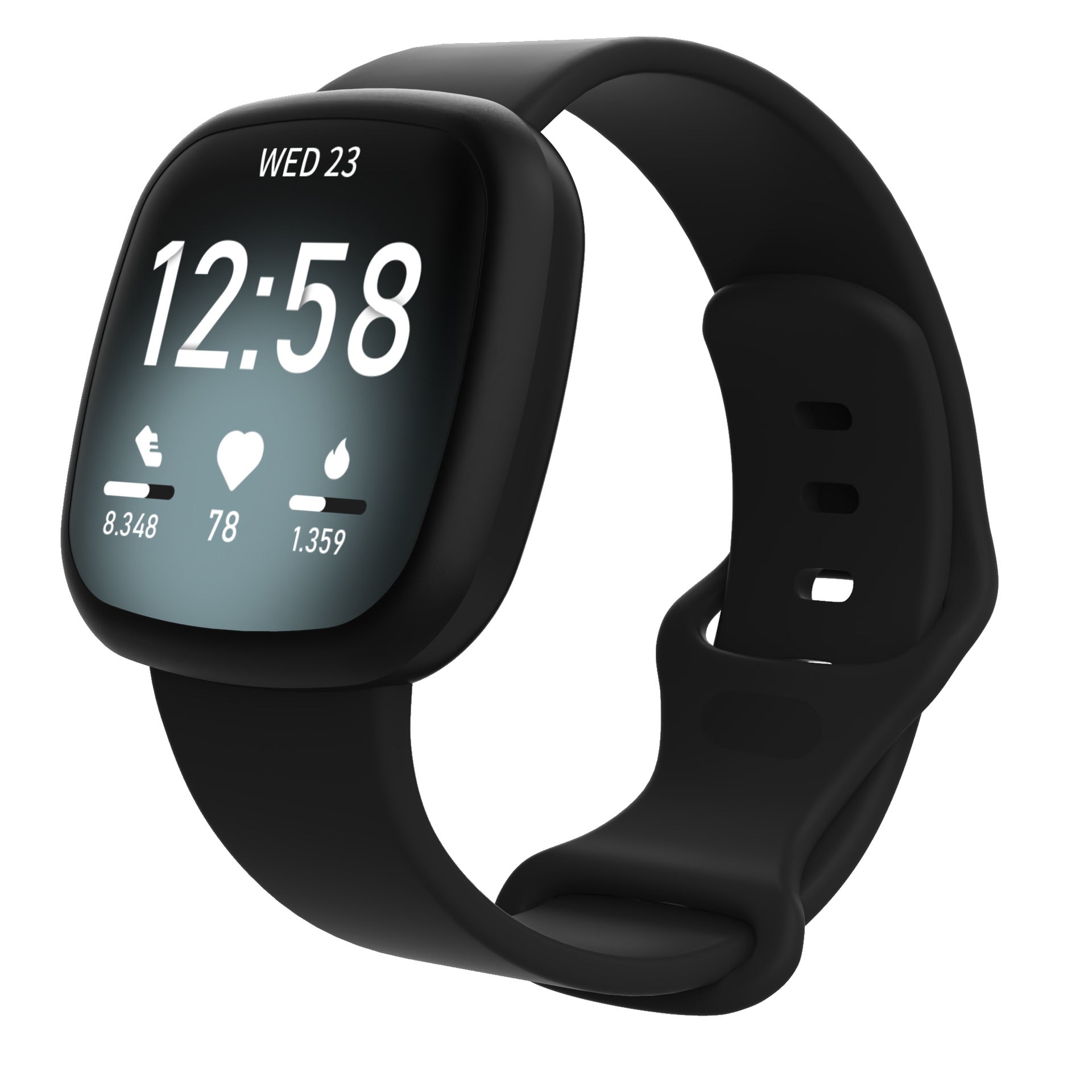 Black silicone band and watch case for Fitbit Versa fitness tracker with time and health metrics display