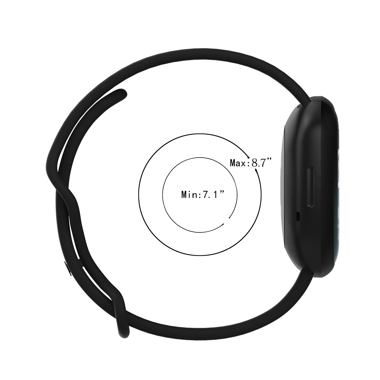 Black silicone band for Fitbit Versa 3, Versa 4, Sense 1 and Sense 2 with adjustable fit from 7.1 to 8.7 inches