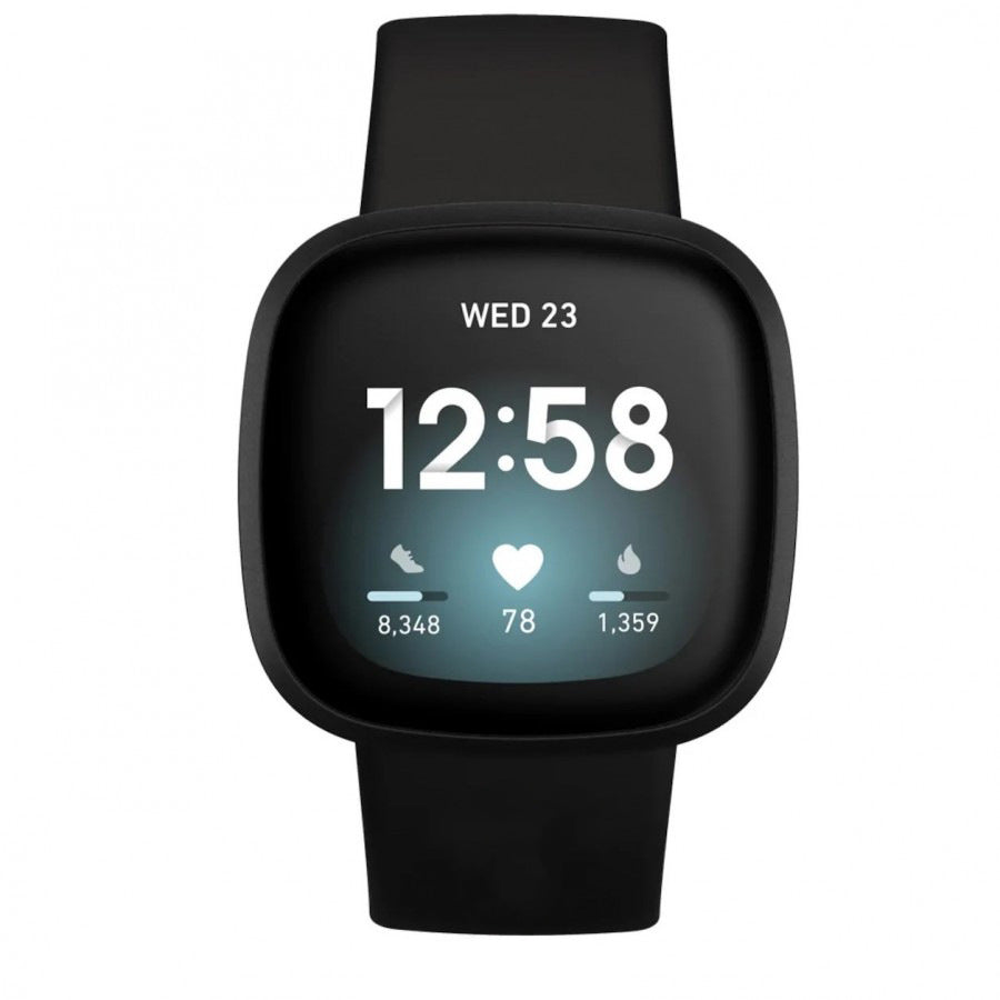 Black silicone band for Fitbit Versa 3, Versa 4, Sense 1, and Sense 2 smartwatch fitness tracker
