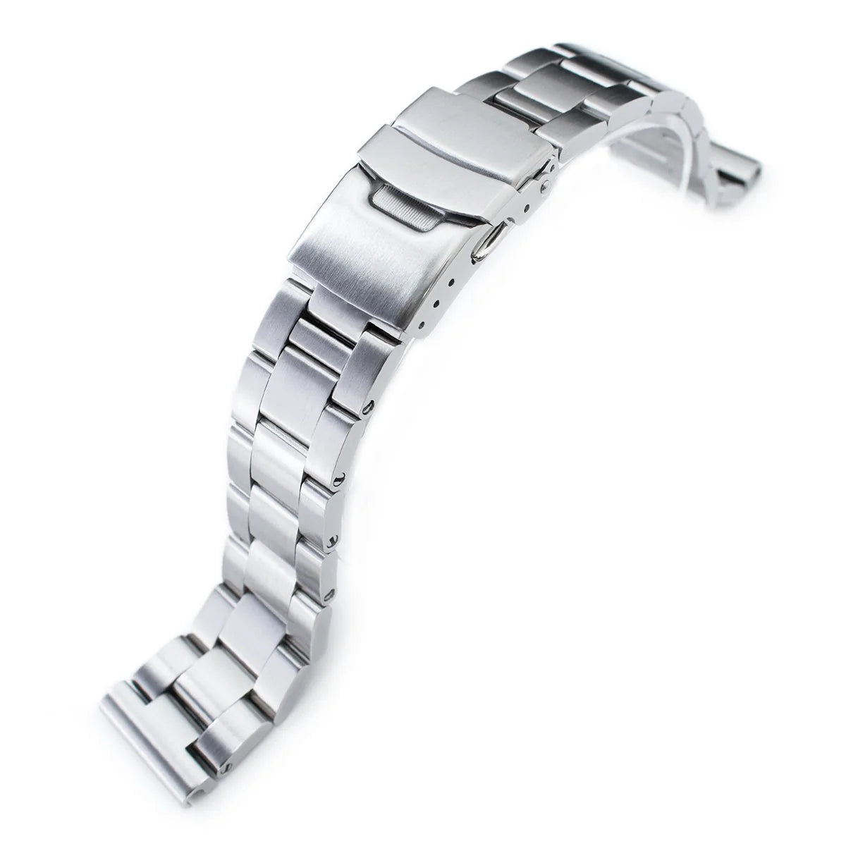 Stainless steel watch band with solid link bracelet and brushed finish, featuring Super-O Boyer clasp and straight end lugs