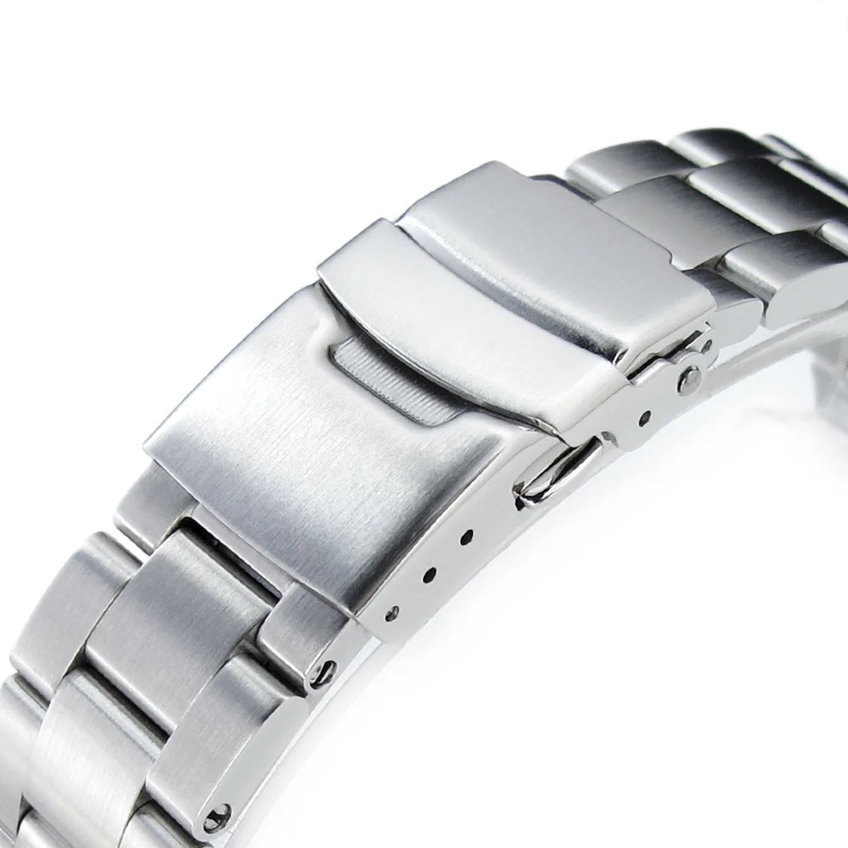 Stainless steel watch band with straight end links and deployant clasp closure in brushed 316L metal finish