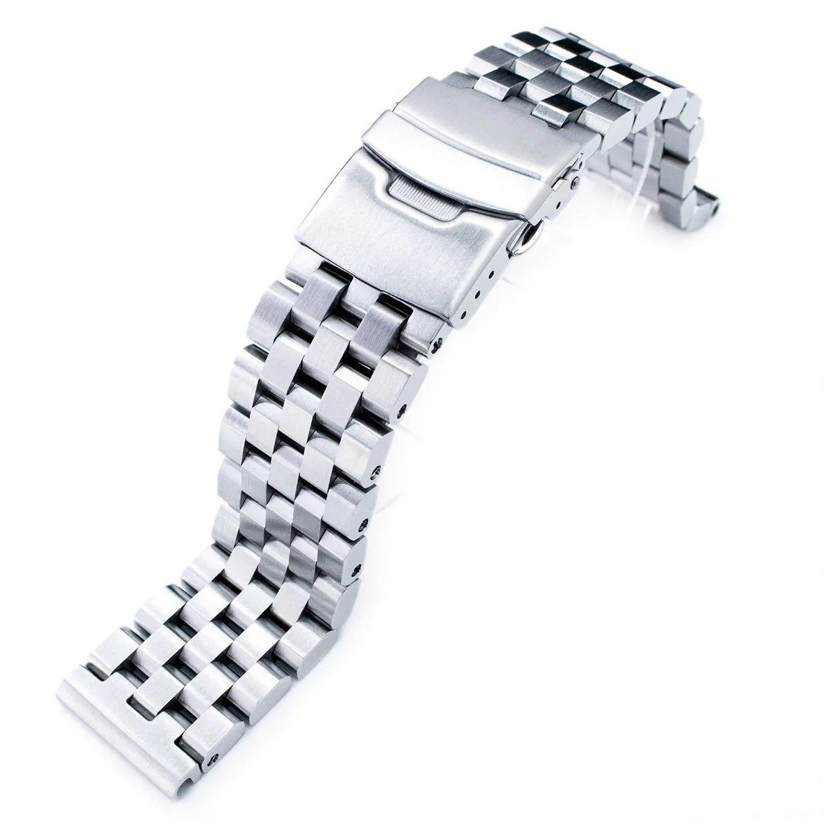 Stainless steel engineer bracelet with solid links and polished V-clasp deployment buckle for watches