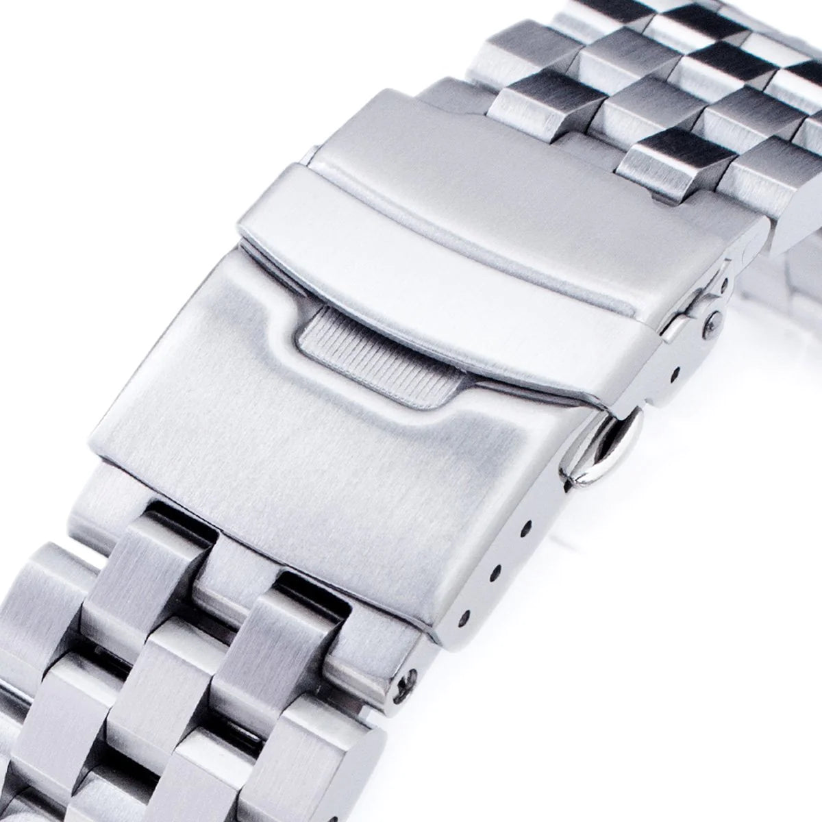 Strapcode Engineer Bracelet stainless steel with V-clasp closure, detailed view of metal links and fold-over safety buckle