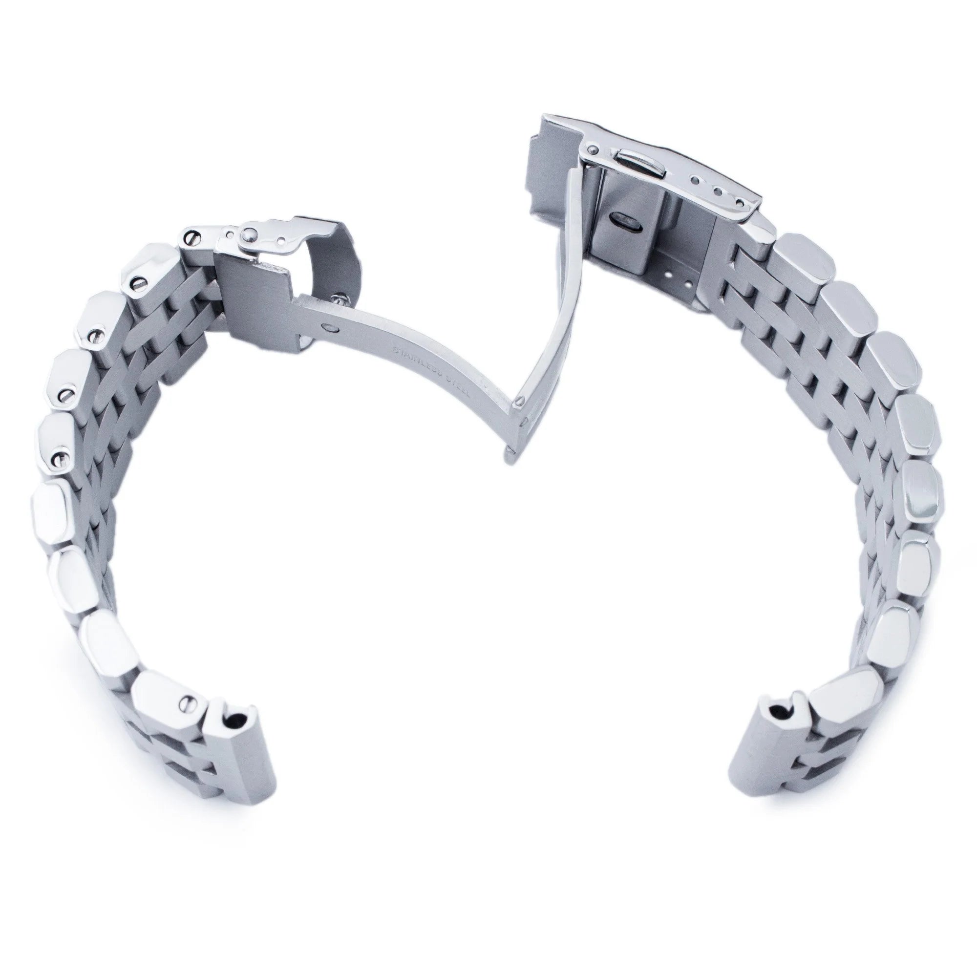Stainless steel engineer bracelet with solid link design and secure V-clasp closure, shown open and closed views