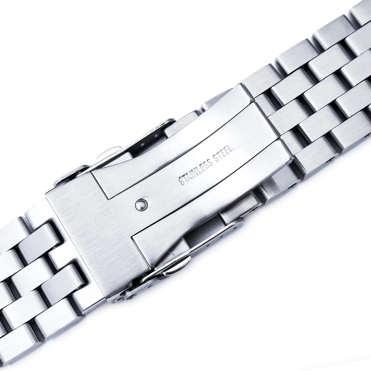 Stainless steel link bracelet with solid V-clasp and brushed finish, detail view of clasp mechanism and metal band construction