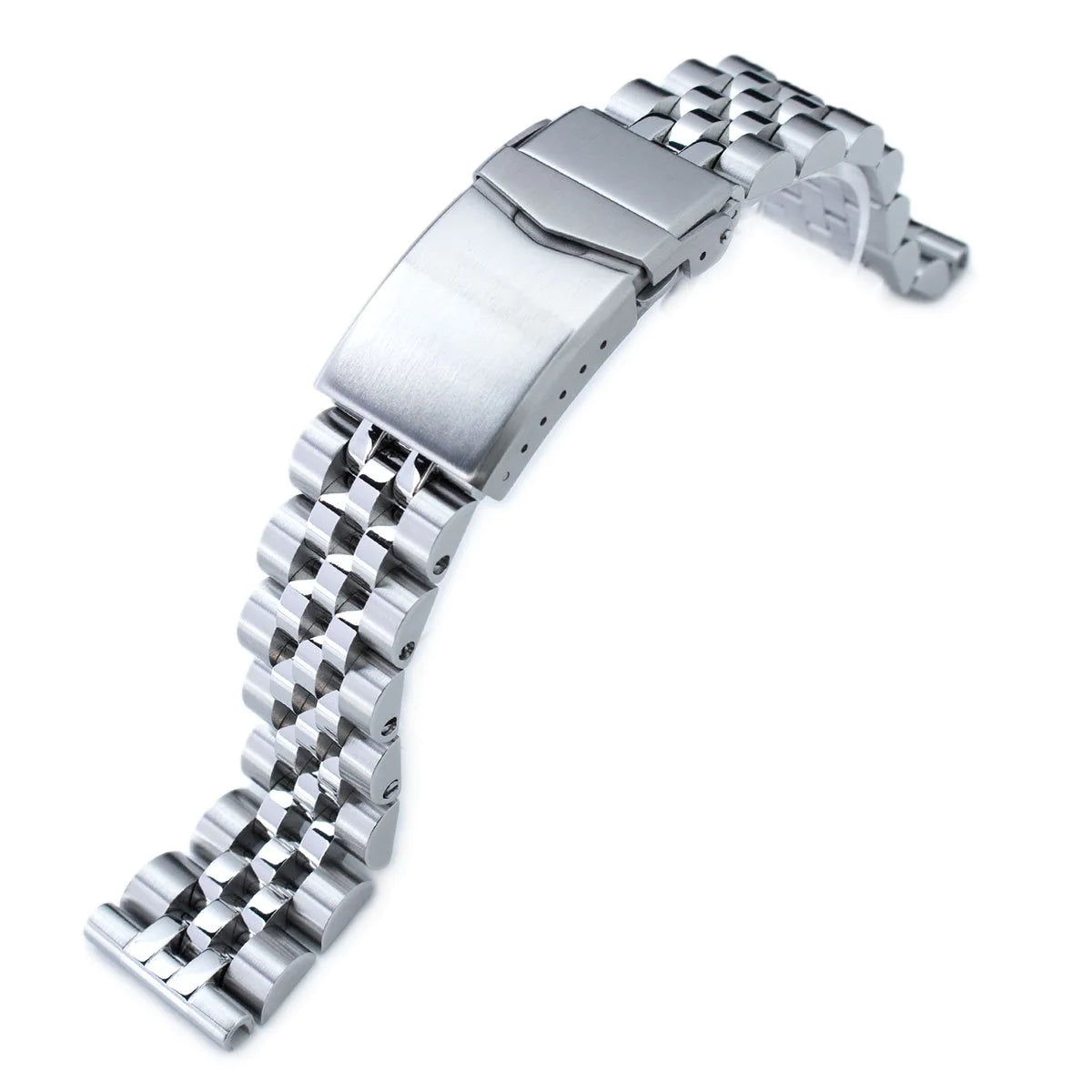 Stainless steel watch bracelet with solid links and V-clasp buckle, 22mm width, polished and brushed finish