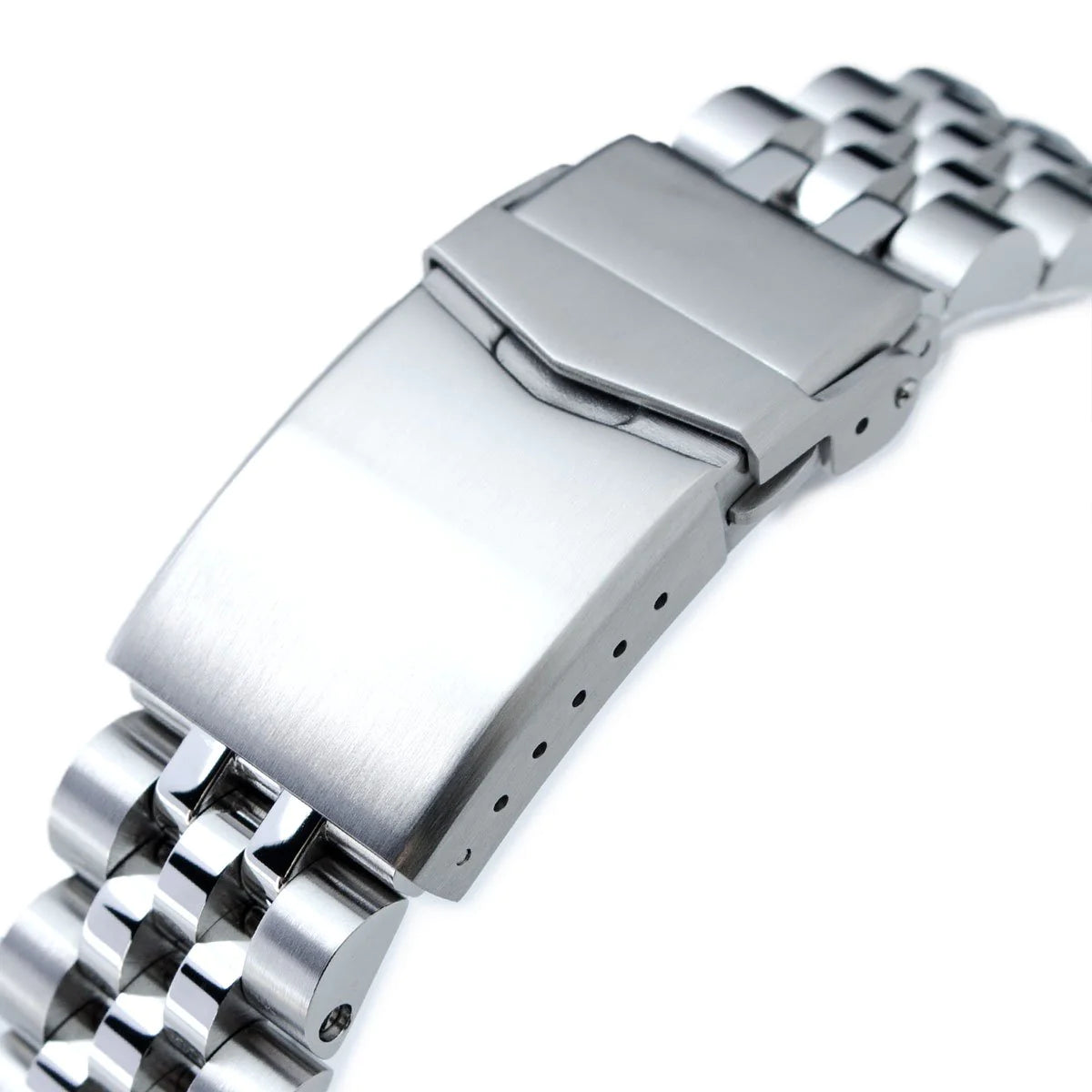 Stainless steel watch bracelet with V-clasp buckle and solid link design, 22mm width, angled product view