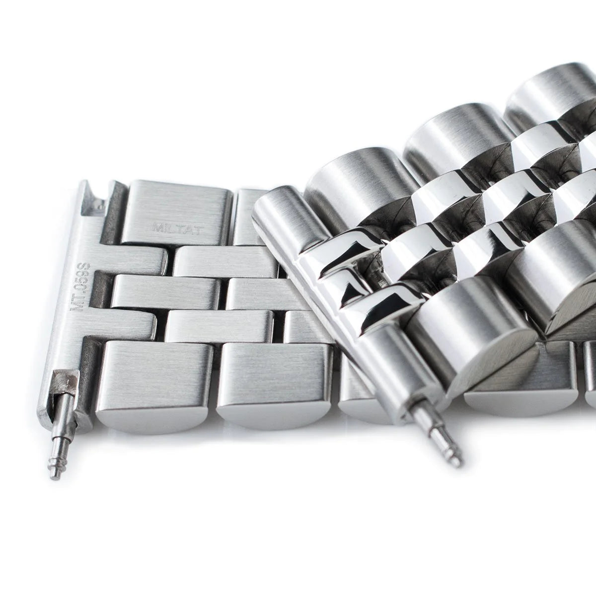 Stainless steel watch bracelet with solid links and V-clasp for 22mm lug width, featuring polished and brushed finish