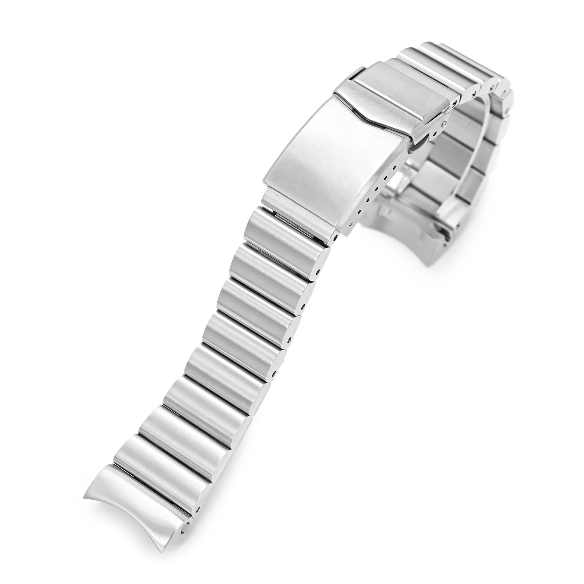 Stainless steel Bandoleer watch bracelet with solid metal links and deployment clasp for Seiko SKX007 dive watch
