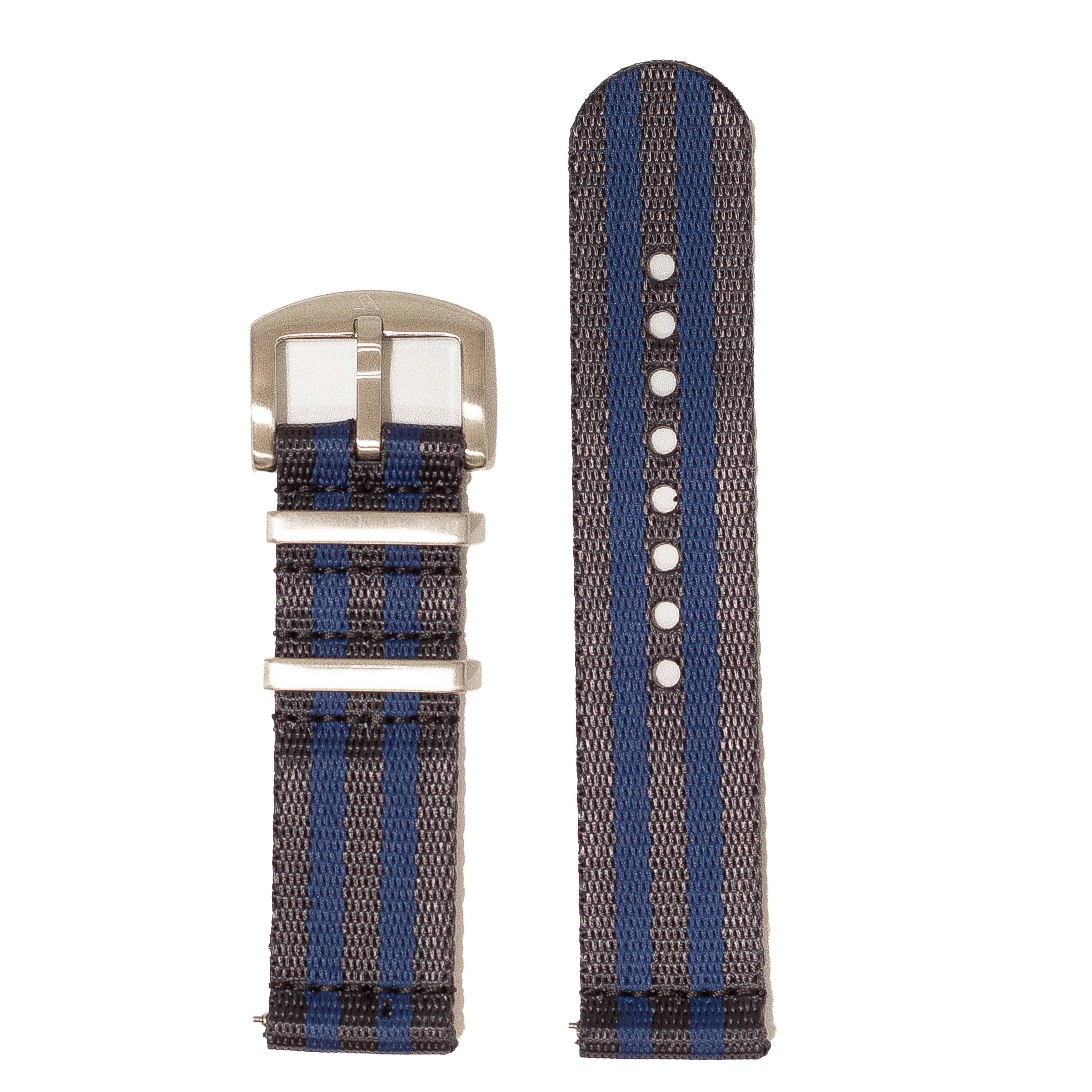 Blue and gray striped military fabric watch strap 26mm with silver buckle and keepers