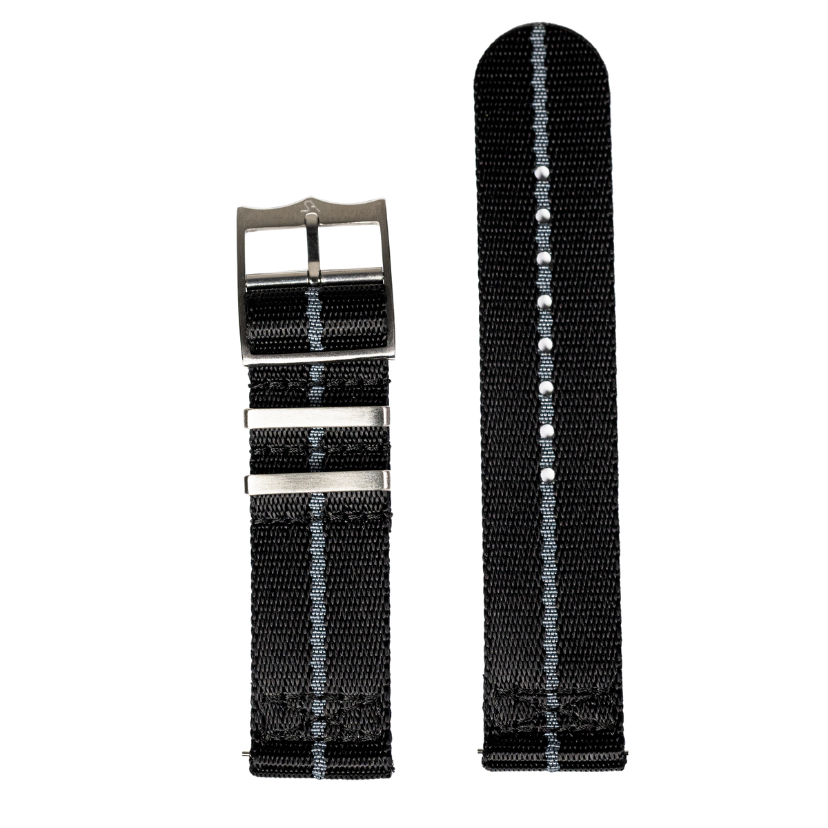 Black woven nylon watch band with silver stripe and metal buckle for Fitbit Versa and Sense smartwatches