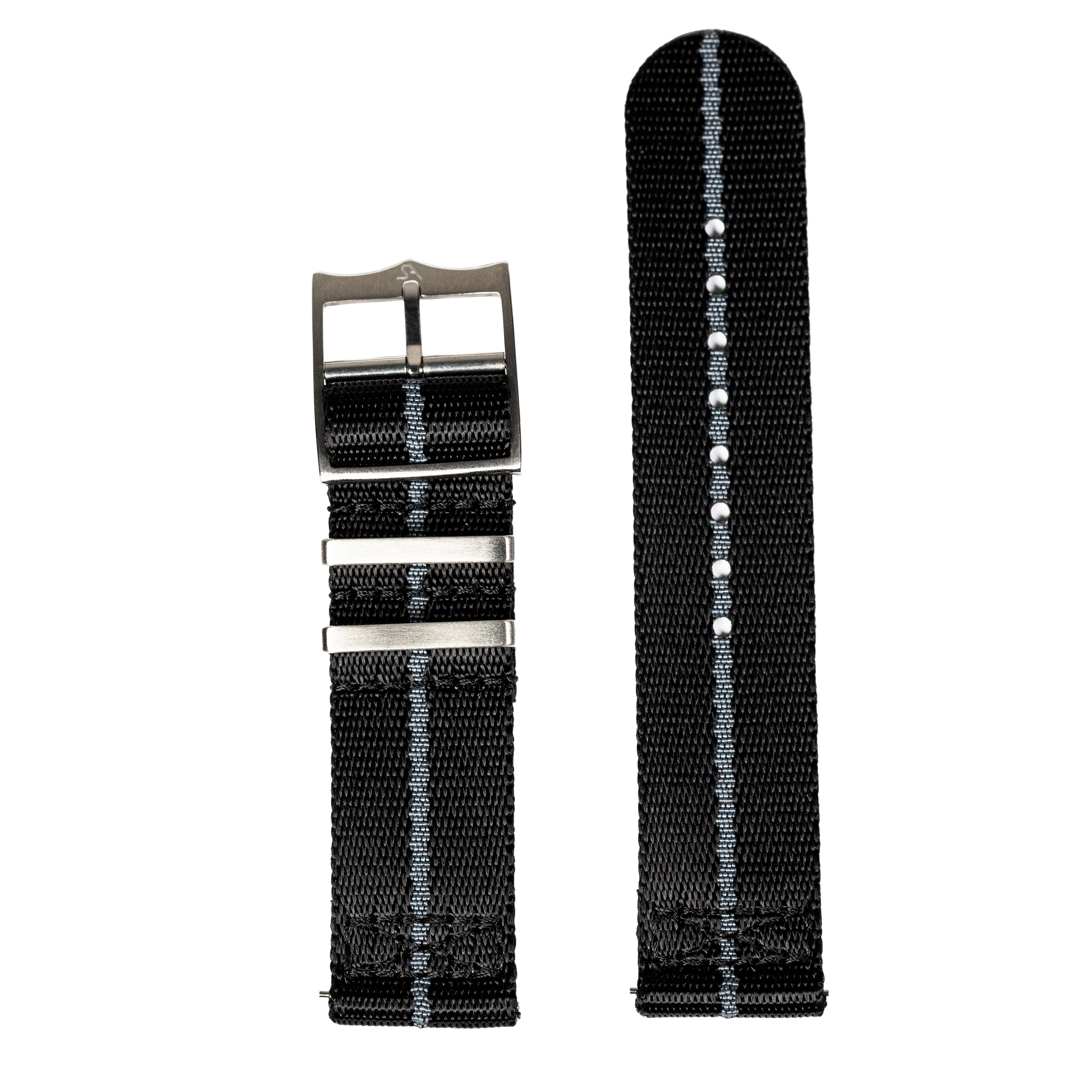 Black and grey striped nylon watch strap with quick release spring bars and gunmetal buckle, 26mm width