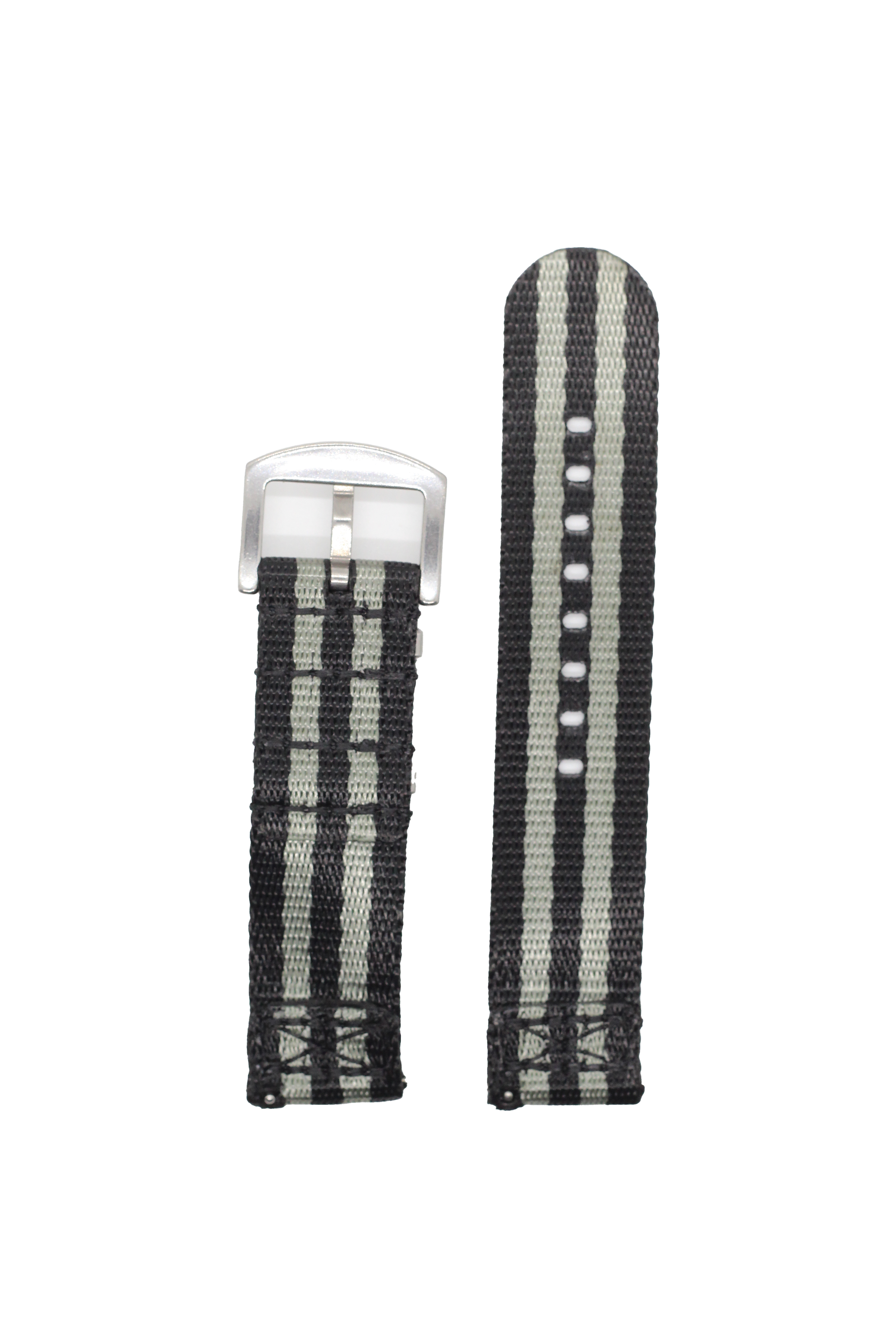 Black and grey striped fabric watch band with quick release pins and silver buckle