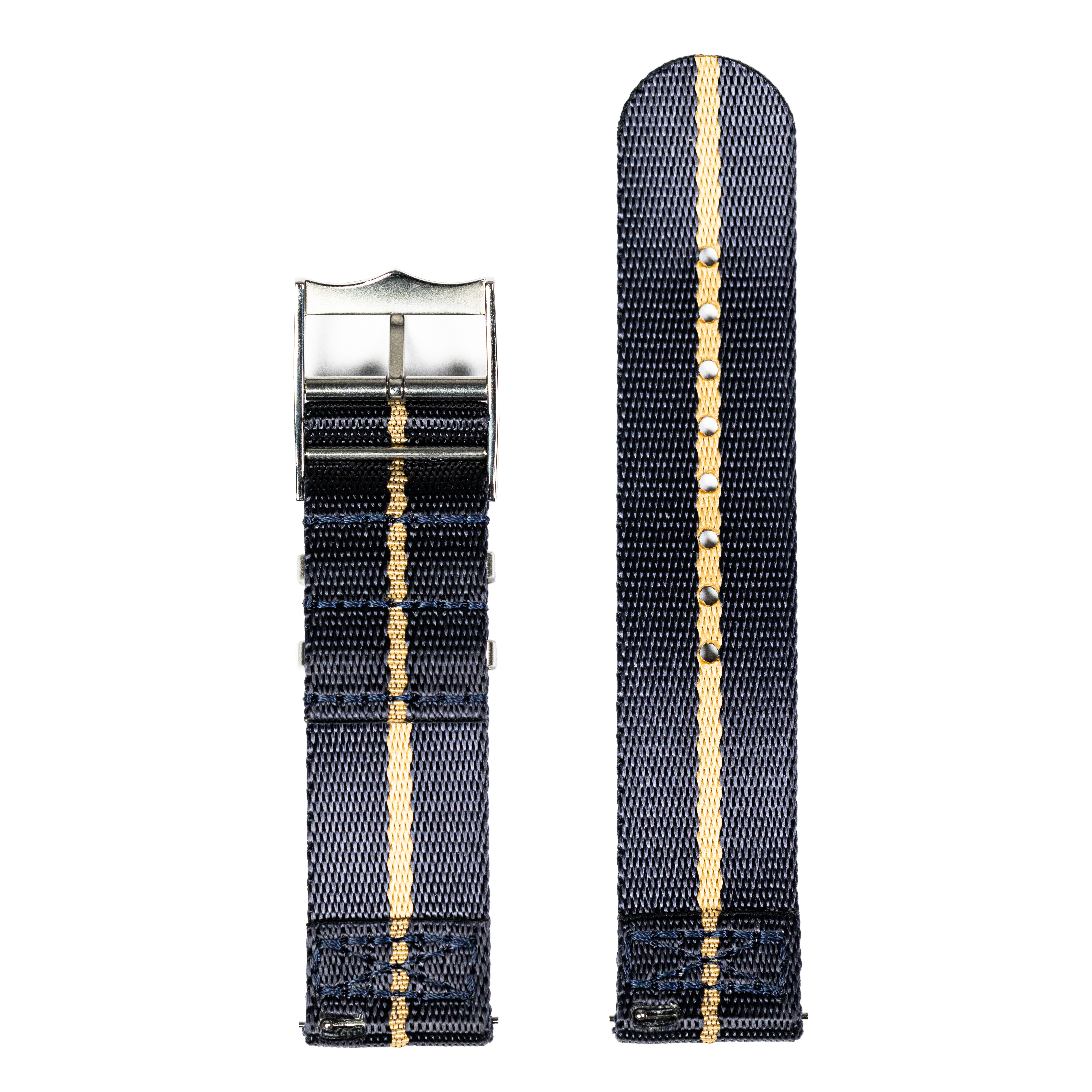Navy blue and wheat striped military-style fabric watch band with metal buckle clasp for Fitbit Versa and Sense smartwatches