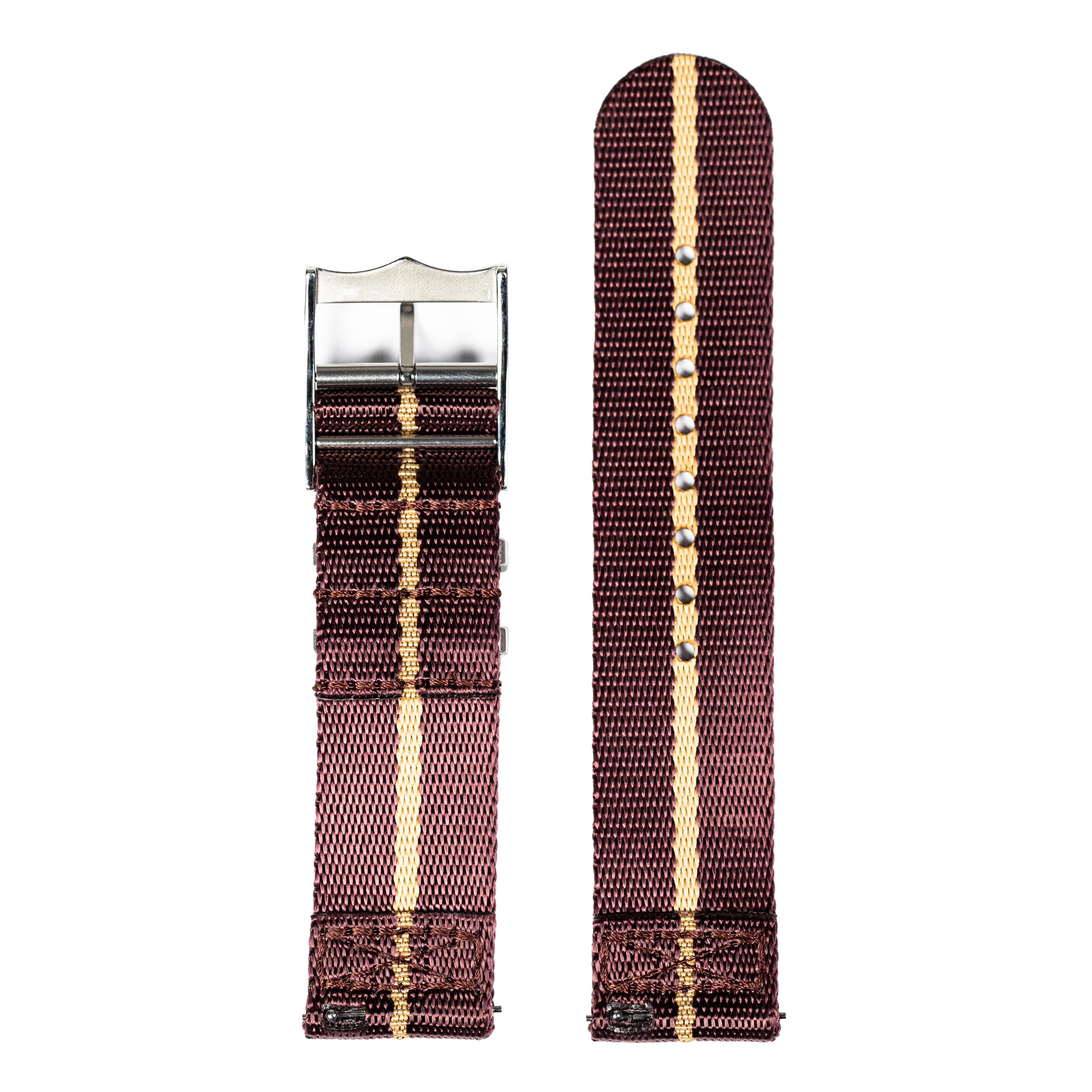 Burgundy woven watch band with cream stripe and metal buckle for Fitbit Versa and Sense smartwatches, shown folded and flat