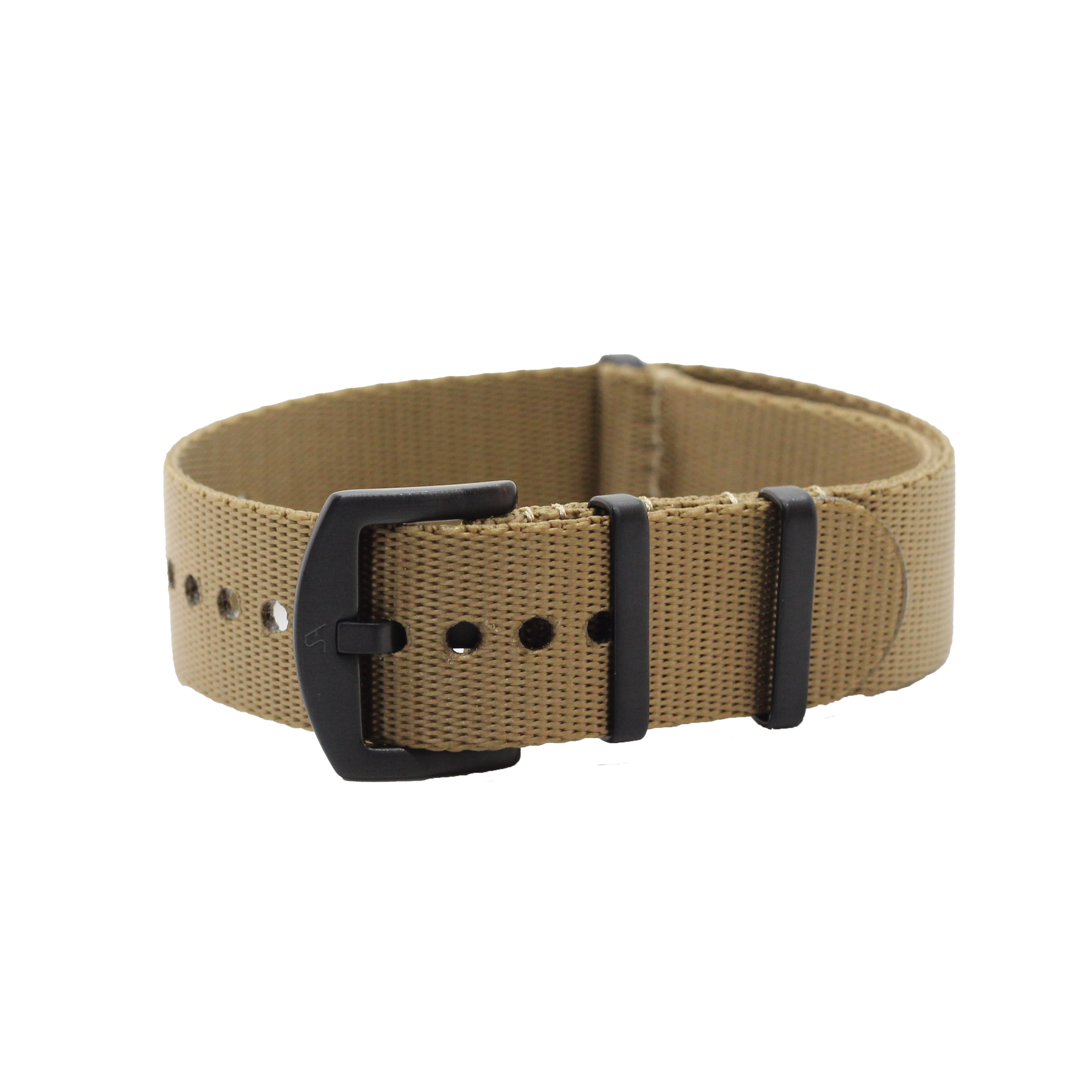 Khaki canvas tactical watch strap with black metal buckle and keepers for military-style timepiece customization