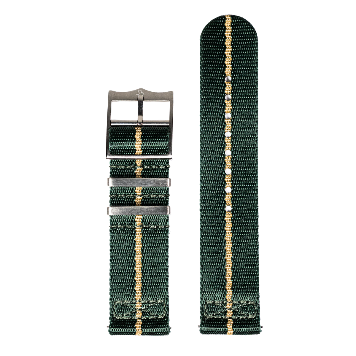 Green and tan striped military fabric watch band with metal buckle and keepers, shown folded and extended