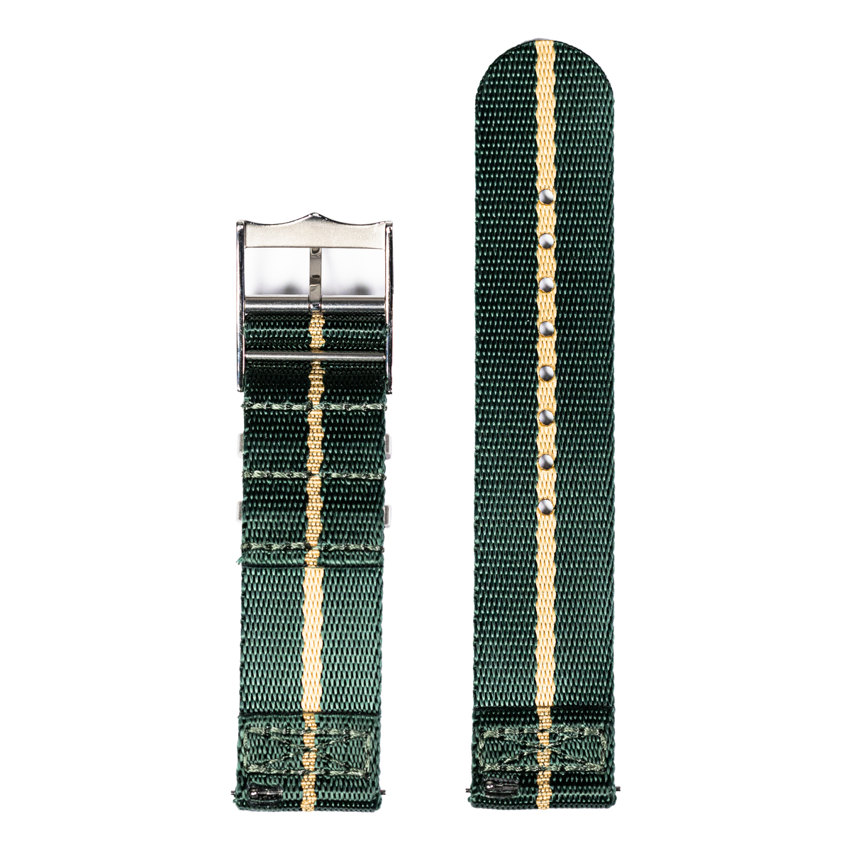 Green and tan military-style fabric watch strap with metal buckle and center stripe for Fitbit Versa and Sense smartwatches