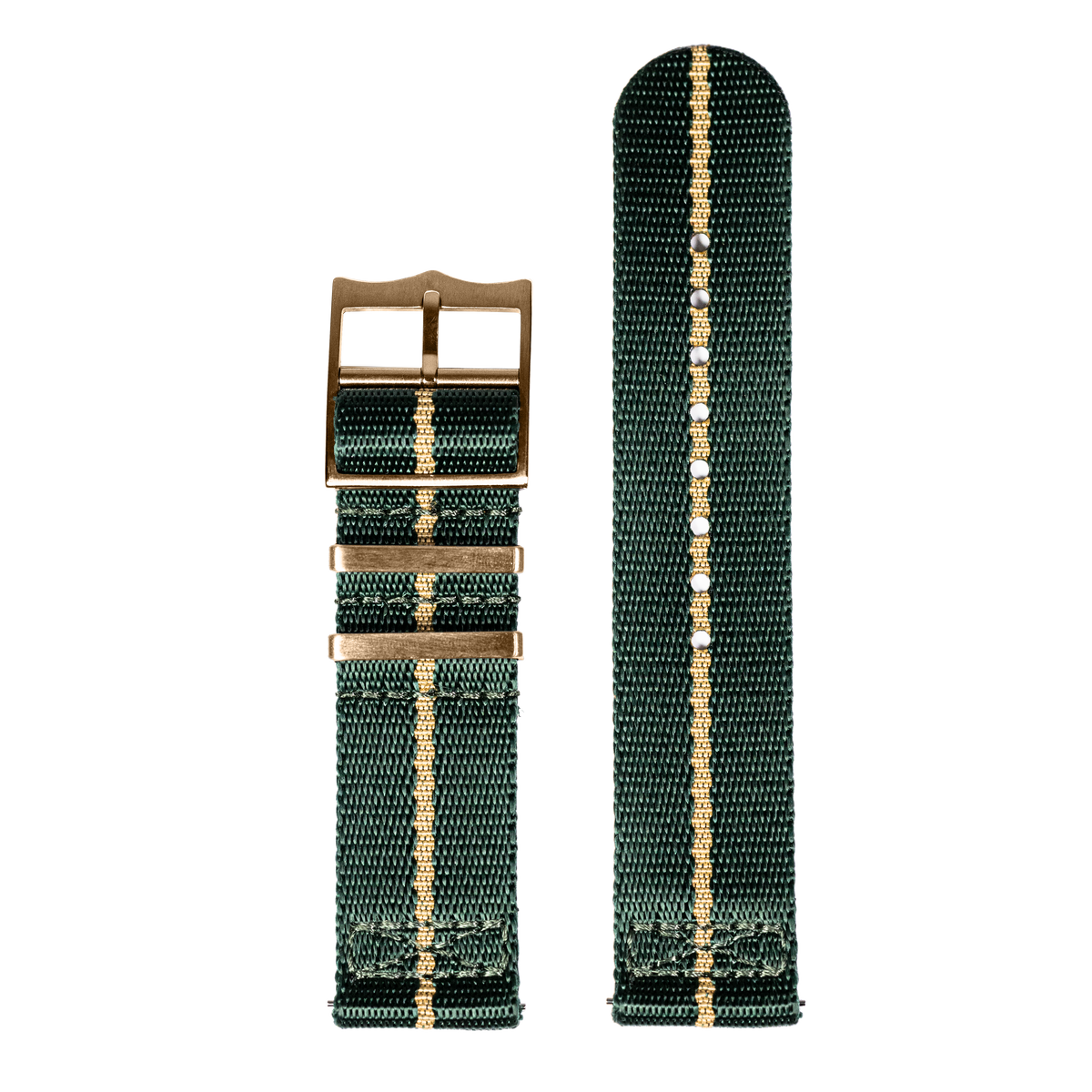 Green and tan woven fabric watch strap with military-style striped pattern and bronze buckle hardware for Fitbit Versa and Sense