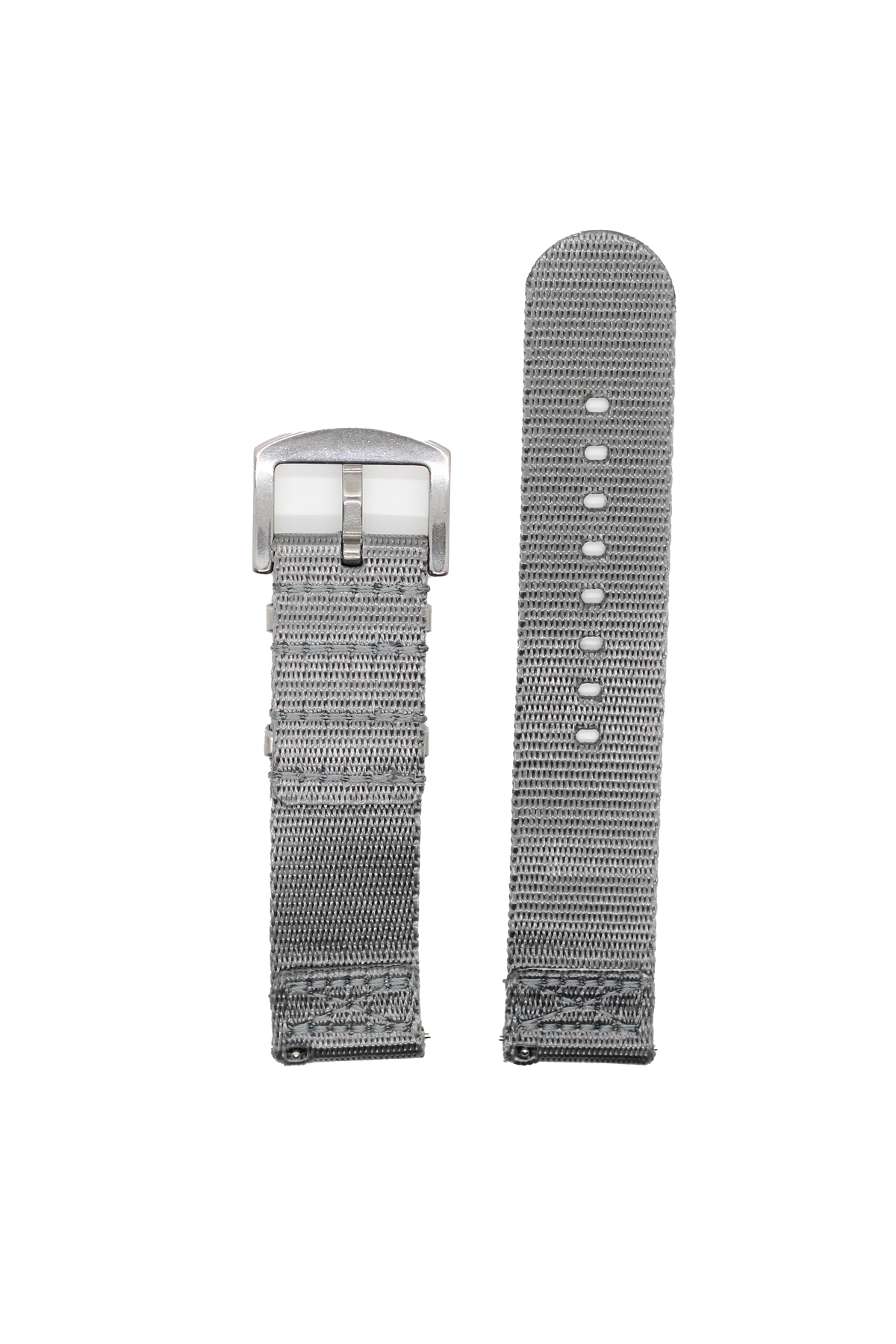 Grey canvas military watch strap with metal buckle and reinforced stitching for Fitbit Versa and Sense smartwatch