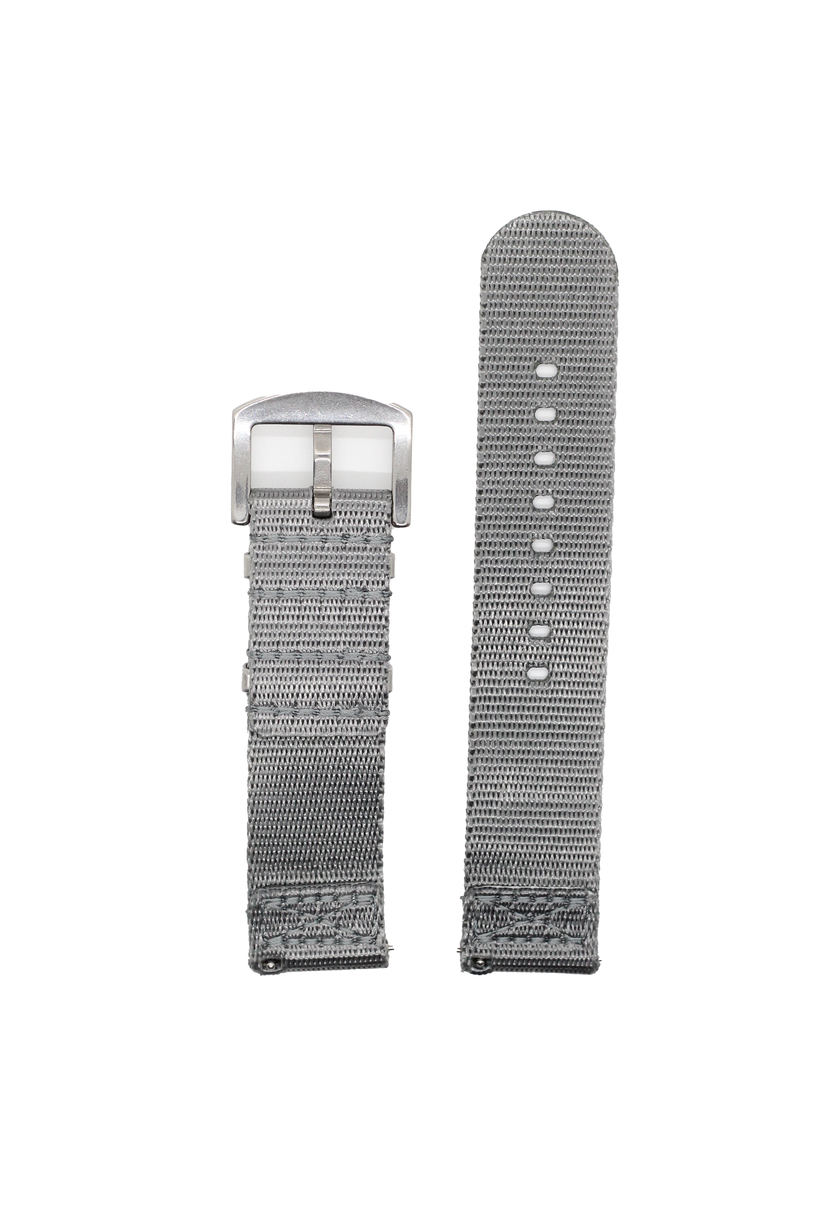 Grey fabric quick release watch strap with silver buckle, military style