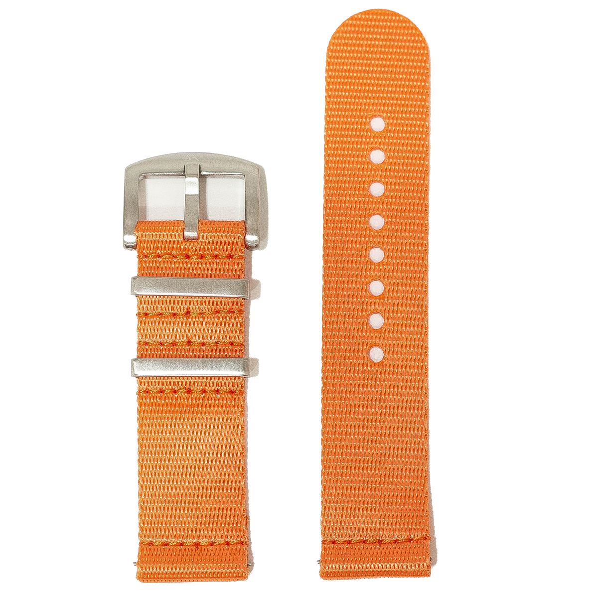 Orange canvas watch band with silver buckle and adjustment holes for Fitbit Versa 3, Versa 4, Sense 1, Sense 2