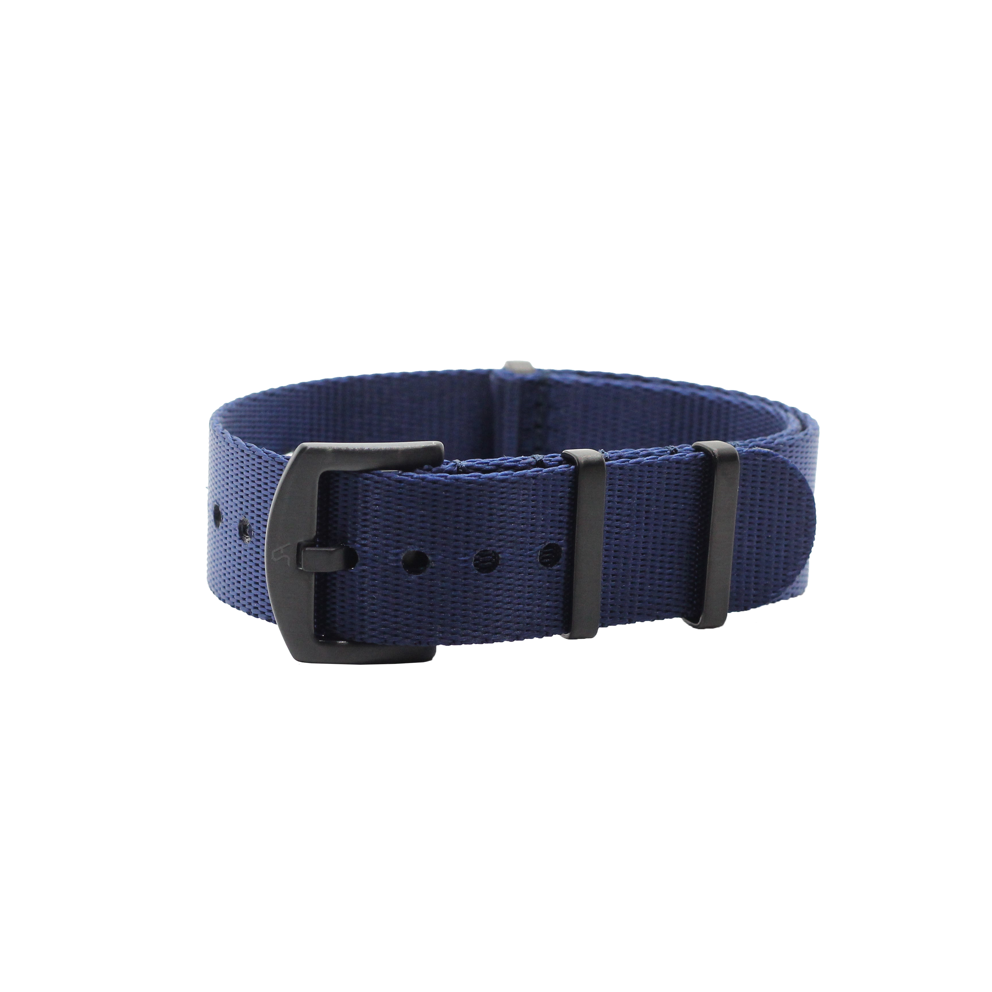 Navy blue fabric watch strap with black hardware buckle and keepers for military-style timepieces