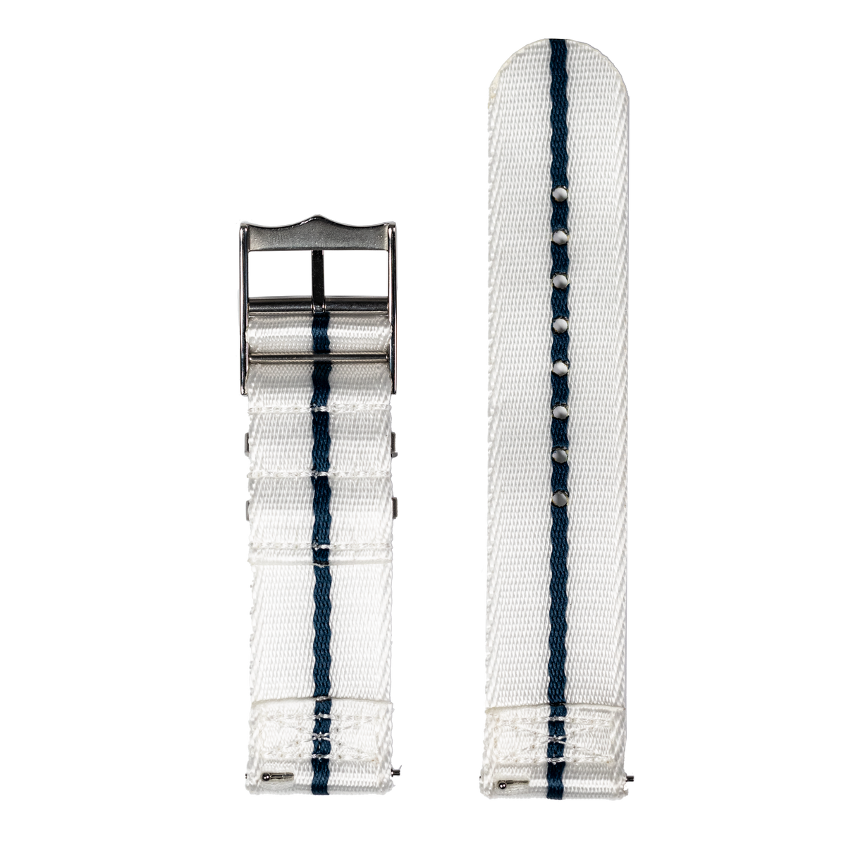 White and navy fabric watch straps with military-style design and metal buckle hardware, shown folded and extended