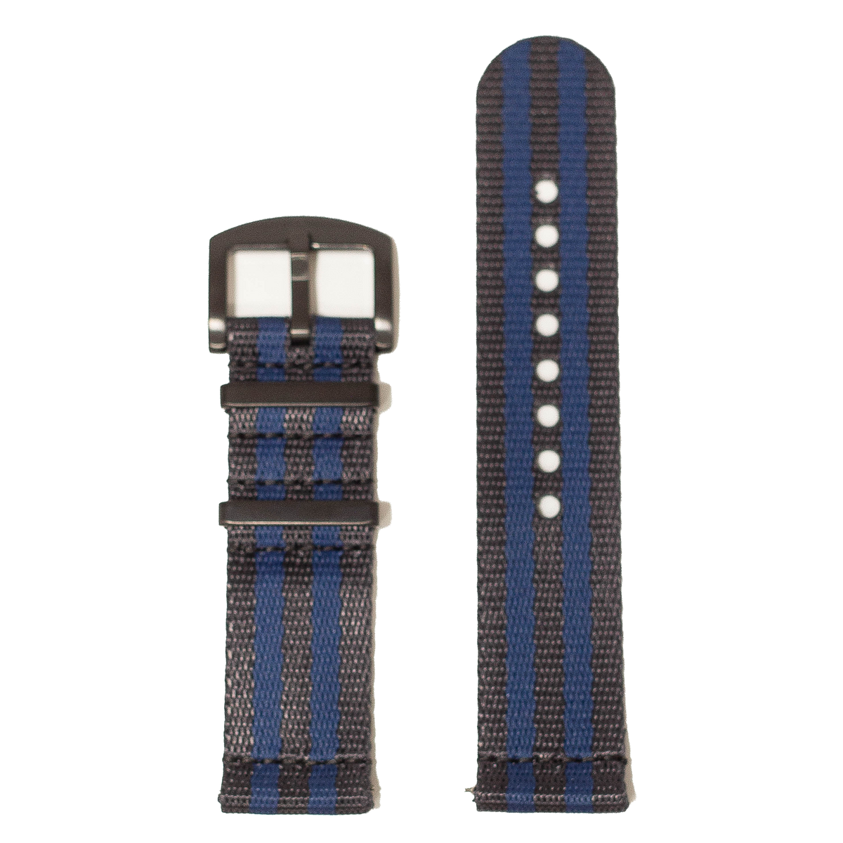 Blue and black striped nylon watch band with metal buckle for Fitbit Versa and Sense smartwatches