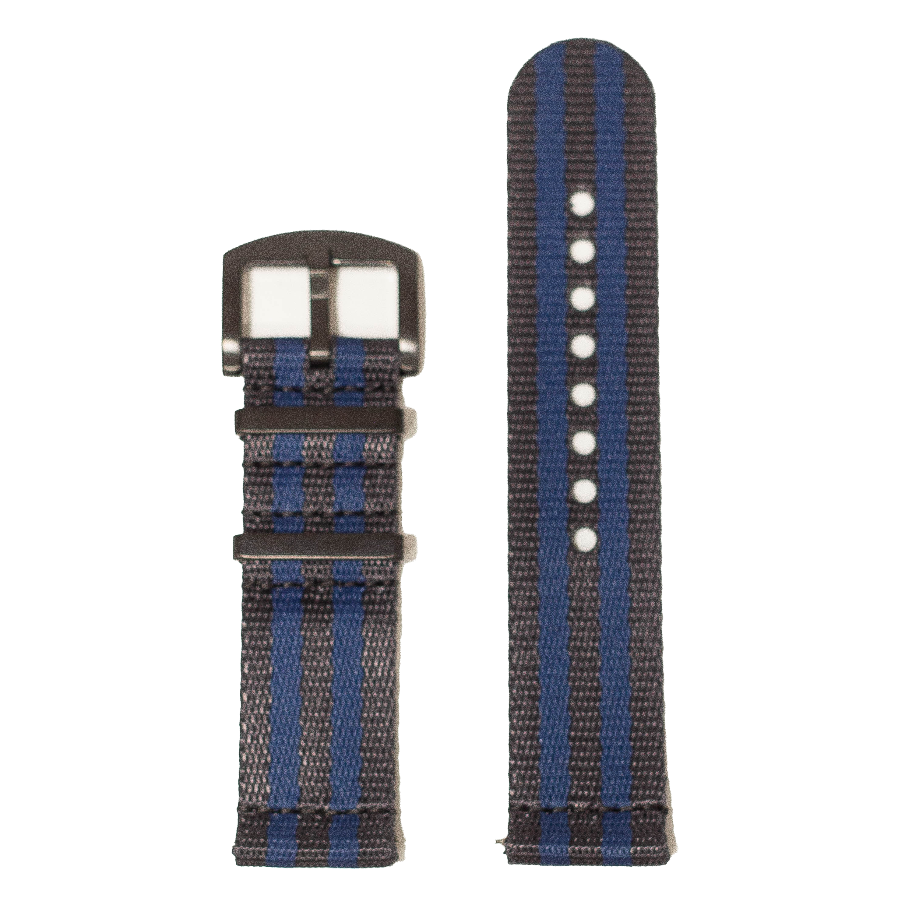 QuickFit Supreme Militex 26mm watch band with dark blue and navy striped nylon fabric, black hardware buckle, shown assembled and unassembled