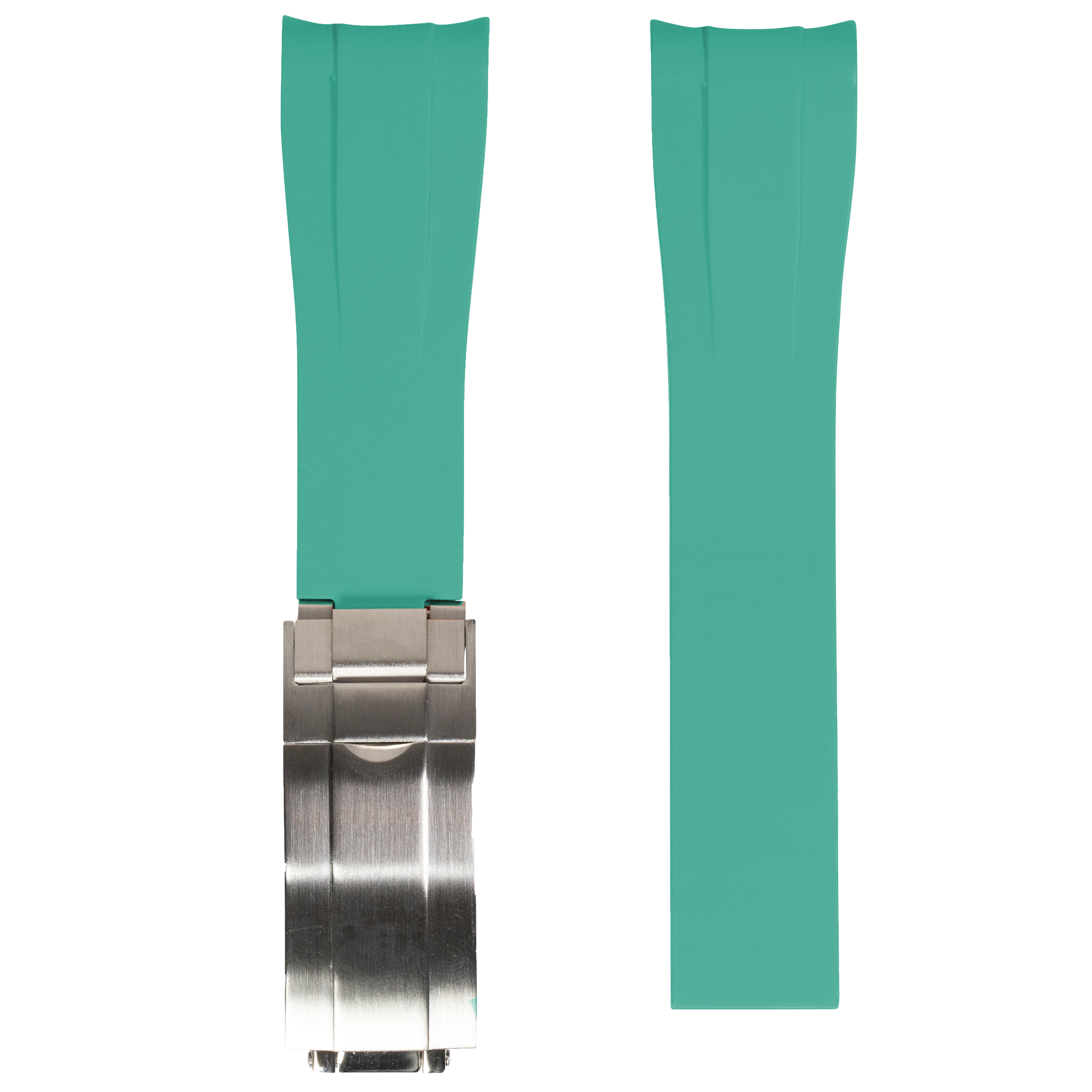 Tiffany blue rubber watch strap with brushed stainless steel oyster clasp, front and back view