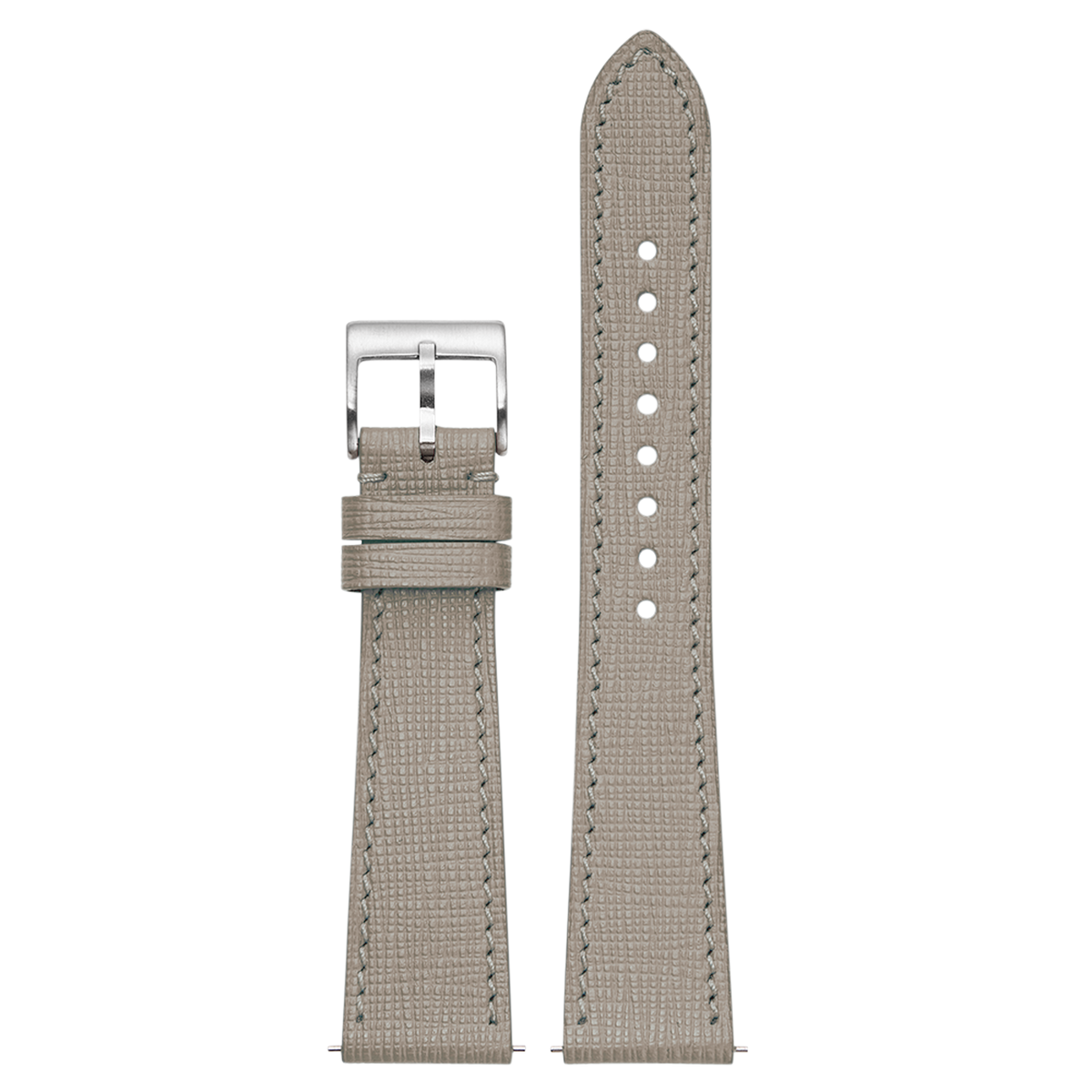 Taupe grey Chevre Saffiano leather watch band with silver buckle and white stitching for Galaxy Watch 8 Ultra